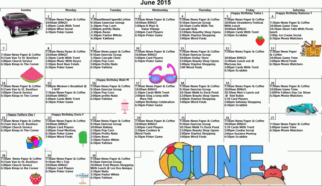 Assisted Living Activities Calendar Template