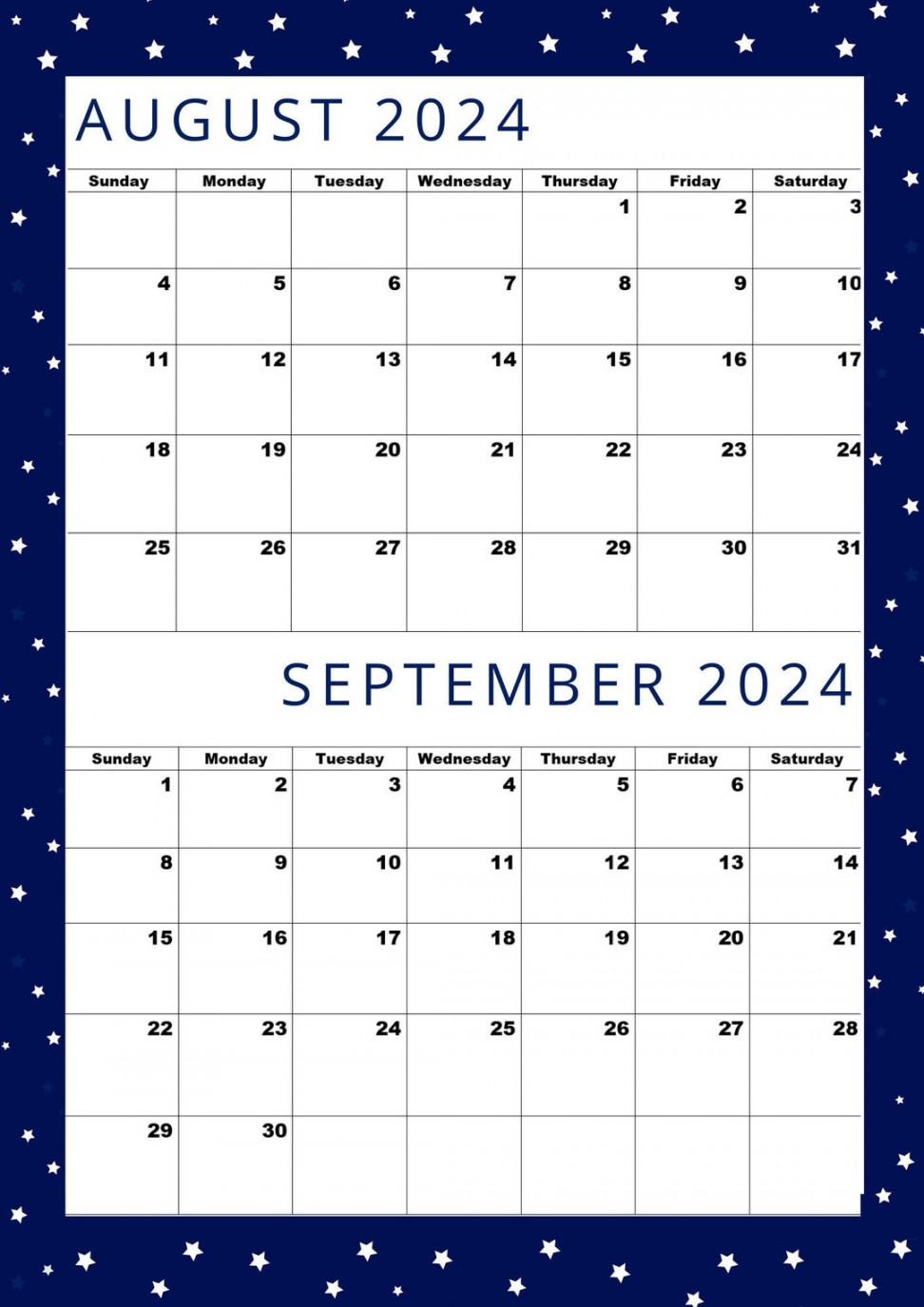 August  Calendar,september  Calendar,august  Sep ,A  Size,digital,pdf,one Page Two Month Calendar,aug  Sep  - Etsy