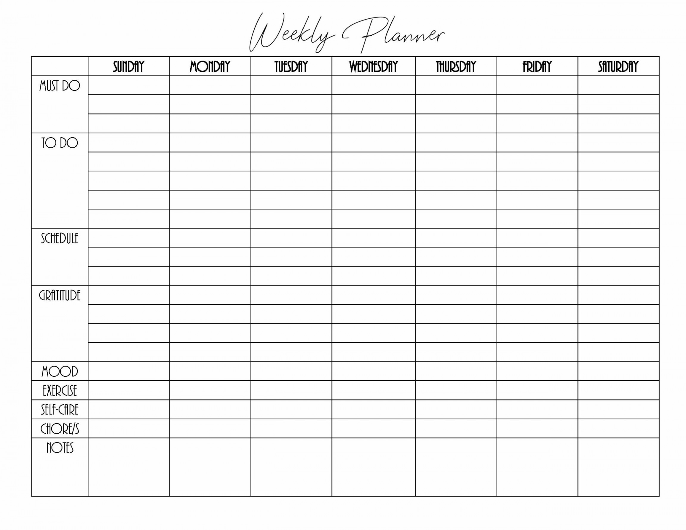 Blank Weekly Calendar  Editable PDF, Word or Image