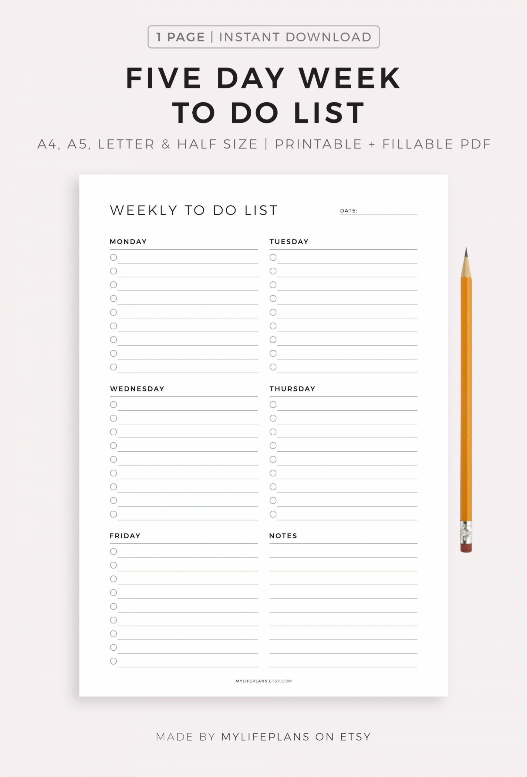 Five Day Week to Do List Printable, Minimal Weekly Planner