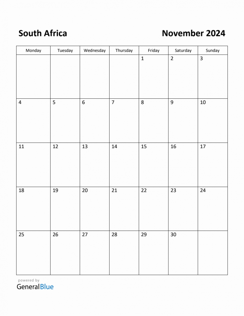 Free Printable November  Calendar for South Africa