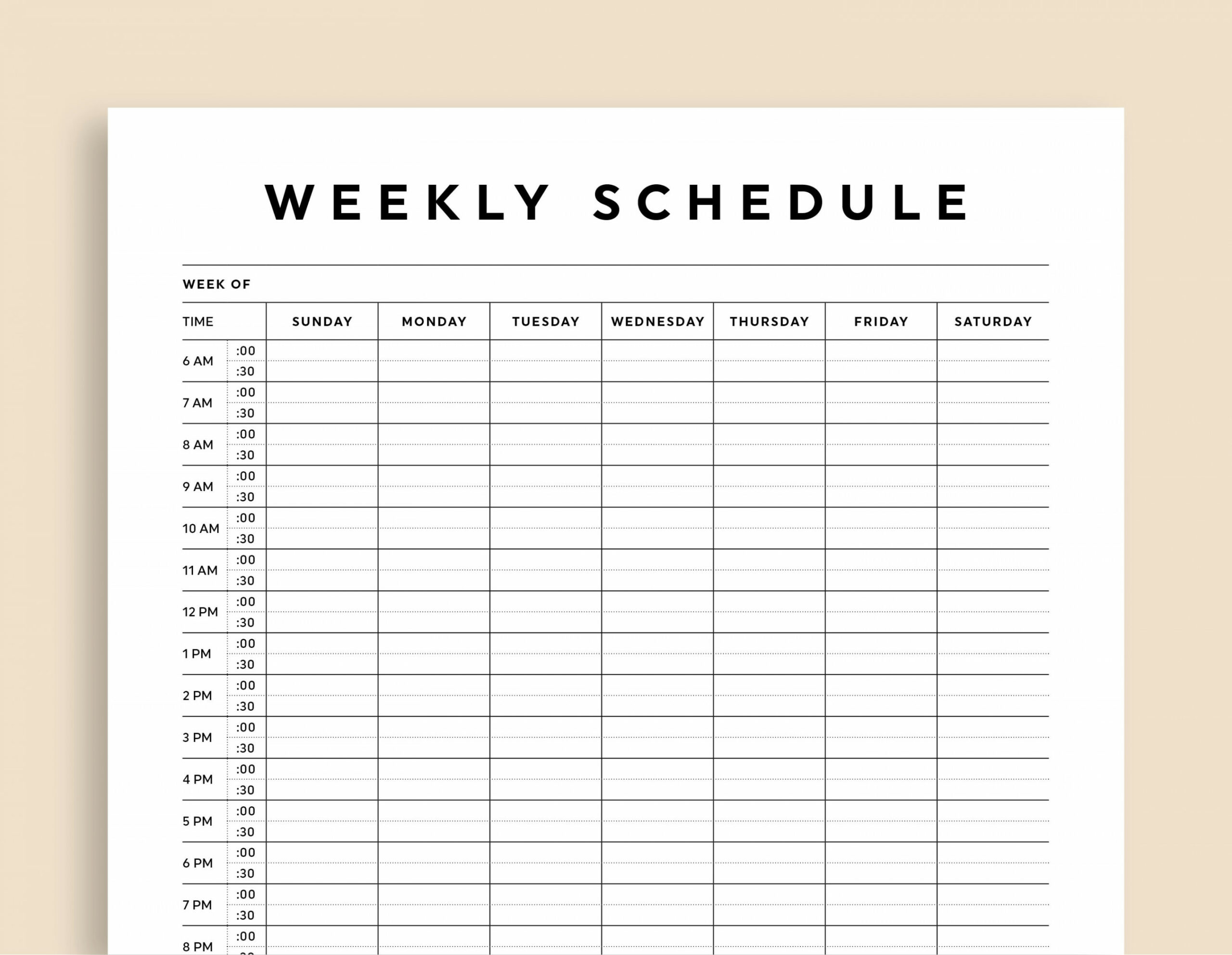 Half Hour Weekly Schedule Printable, Half Hour Daily Schedule