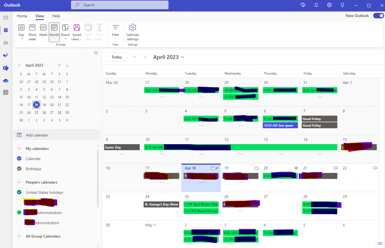 New Outlook - How to view multiple calendars side by side