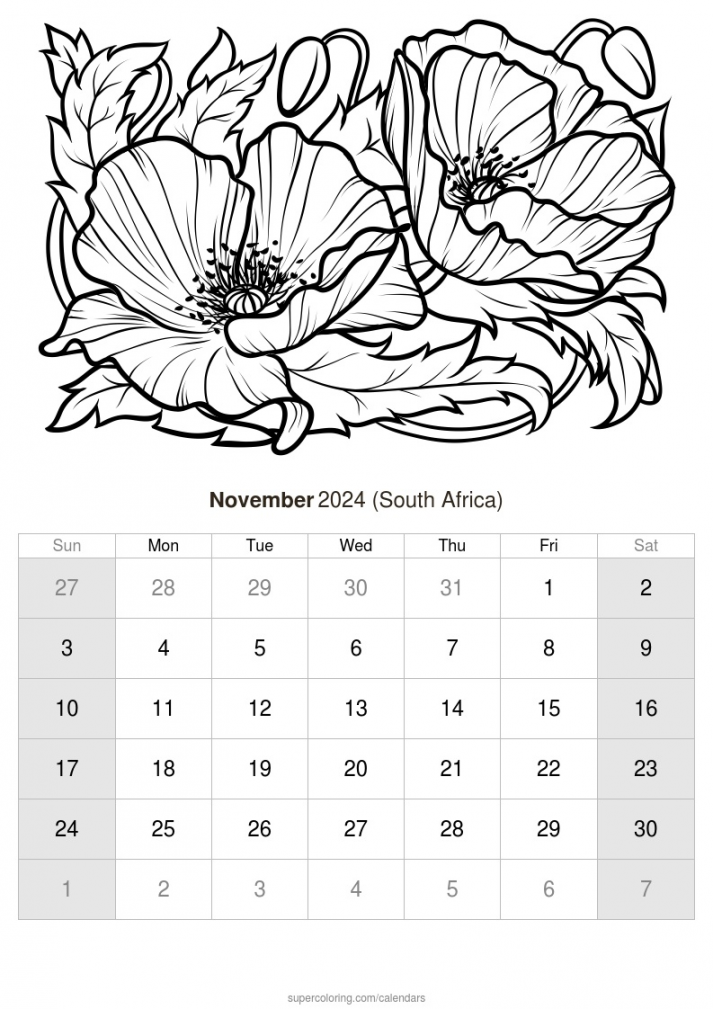 November  calendar - South Africa