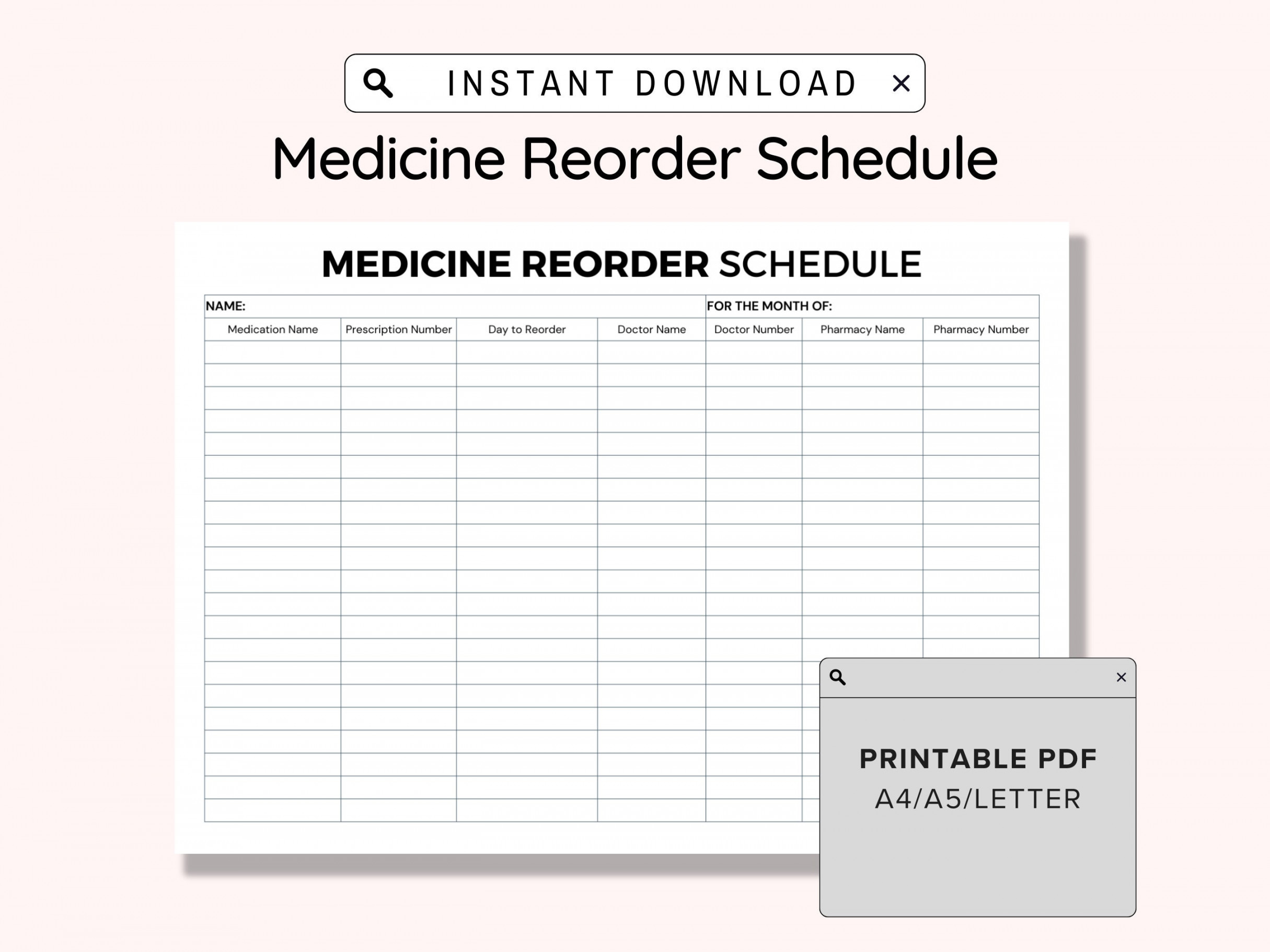 Printable Medicine Reorder Prescription Refill Tracker, Print and