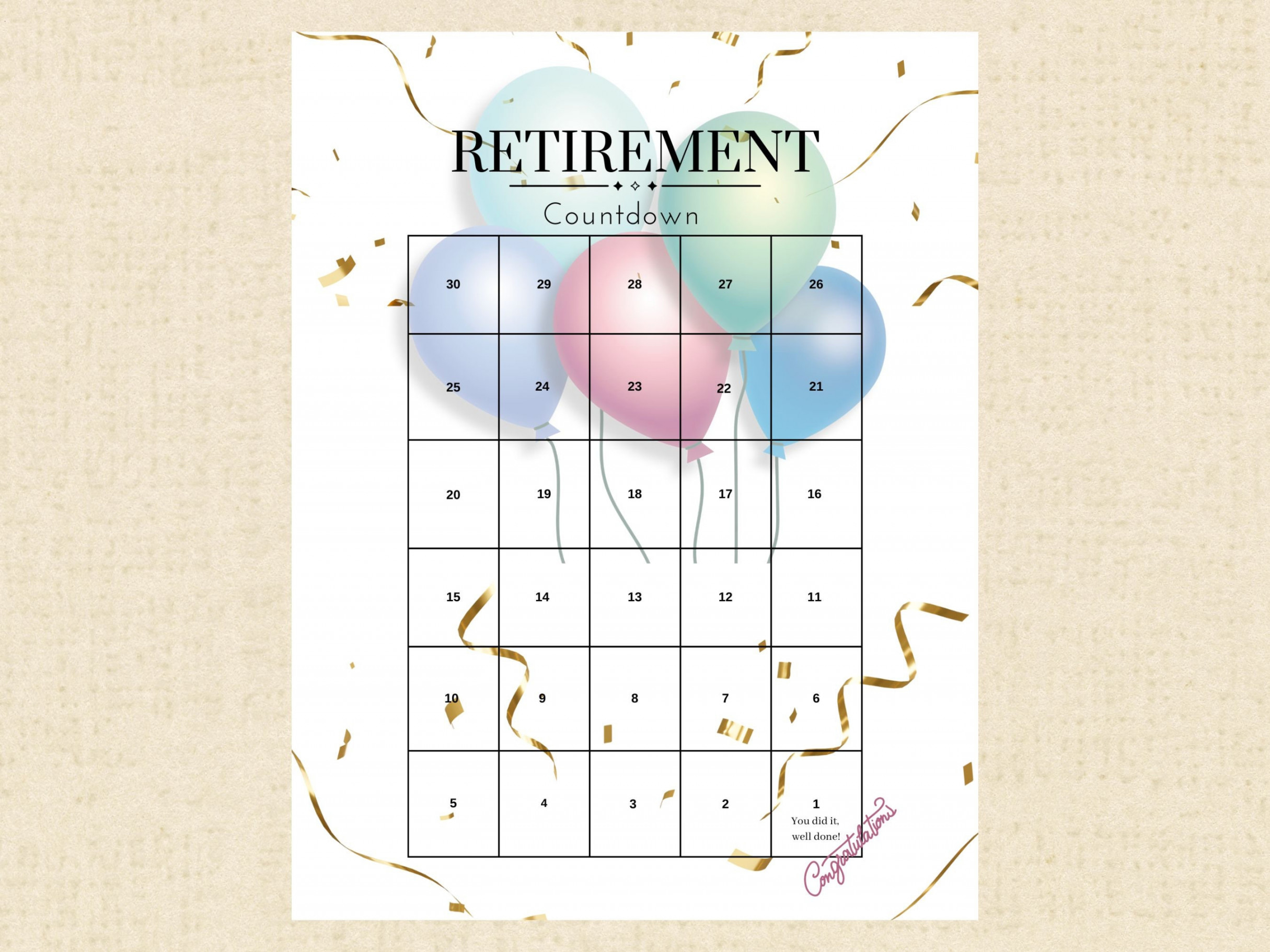 Retirement Countdown Calendar Printable PDF, Retirement