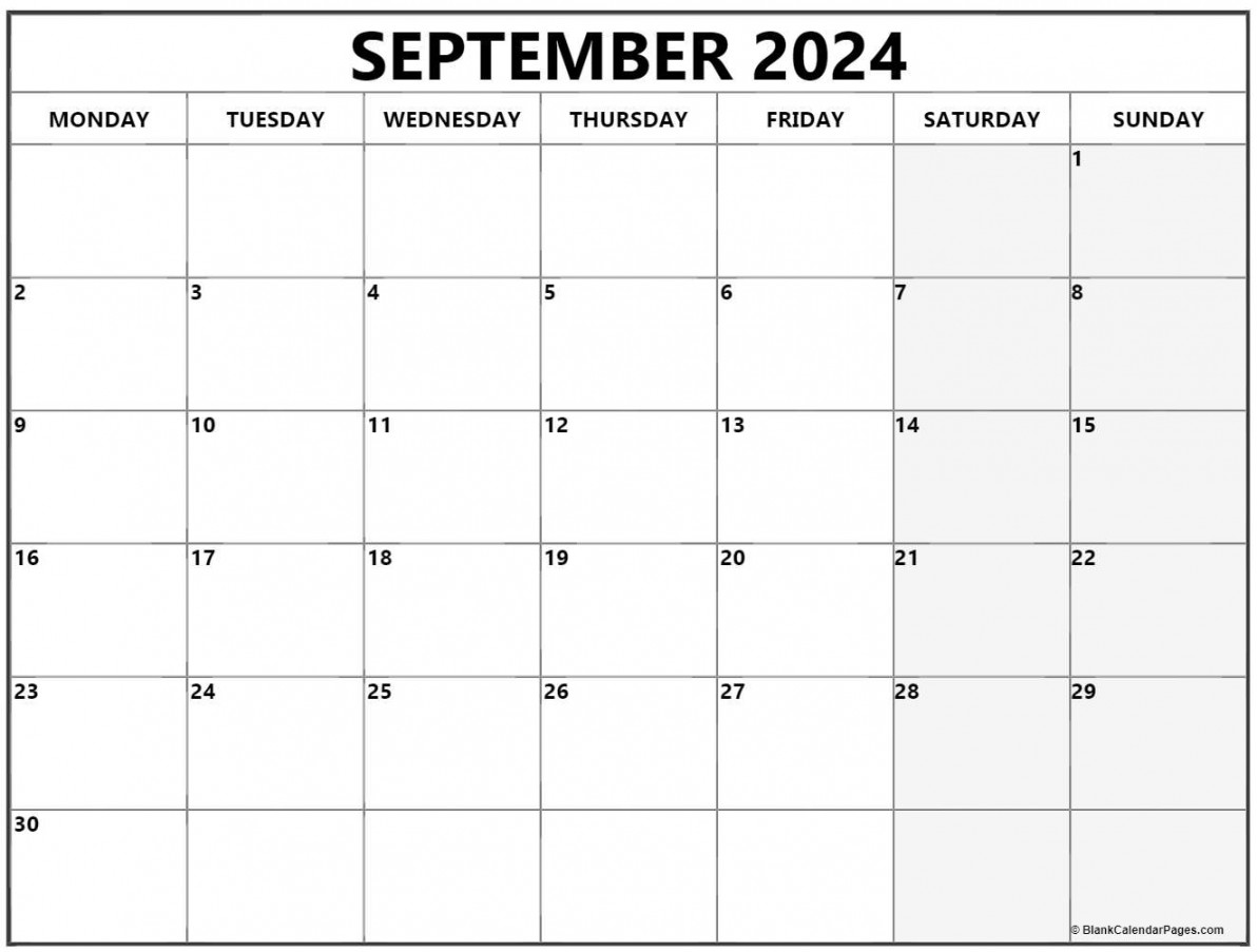 September  Monday Calendar  Monday to Sunday