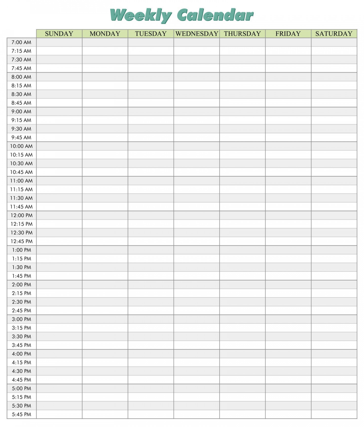 Weekly Calendar with Hourly Time Slots  -  Calendar