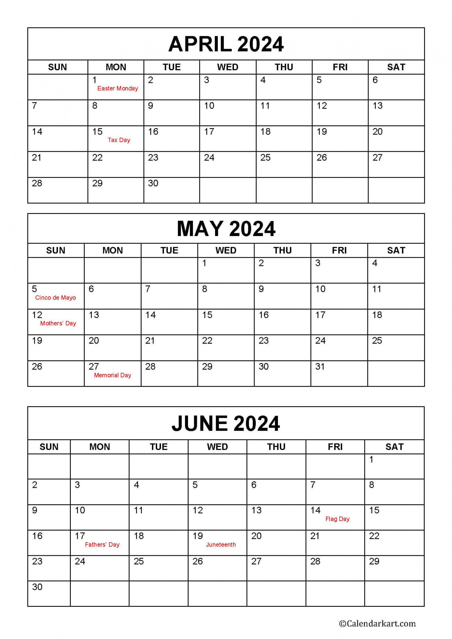 April to June  Calendars (Q): Free Printables - CalendarKart