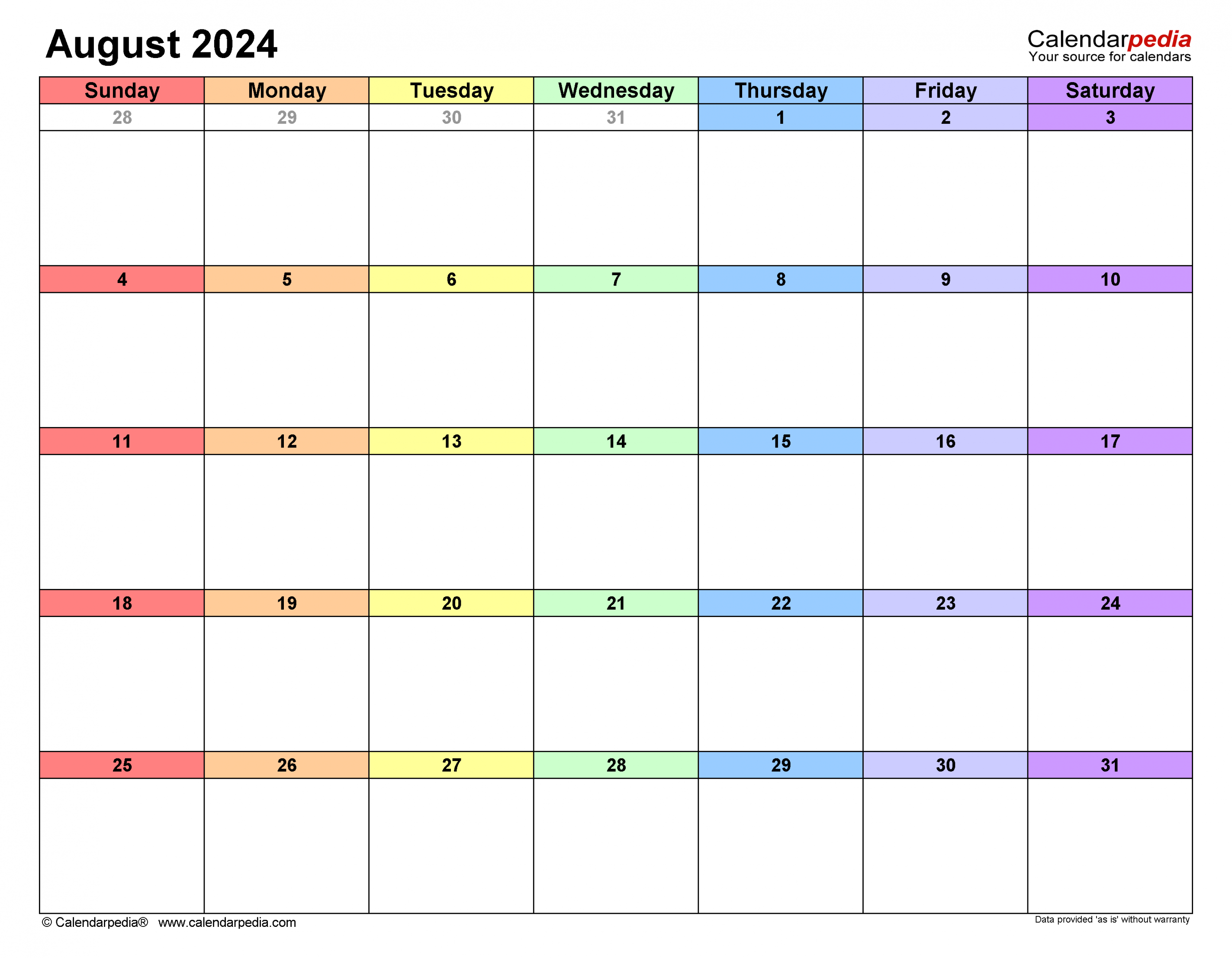 August  Calendar  Templates for Word, Excel and PDF