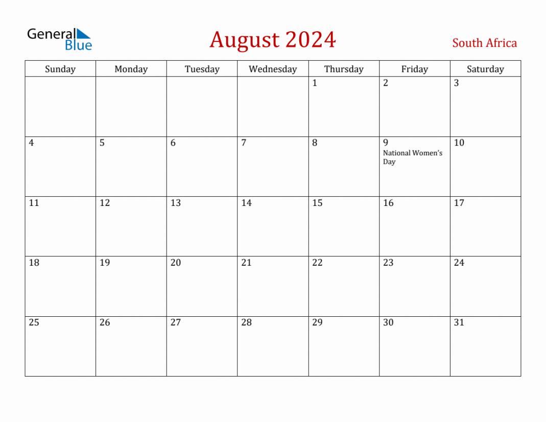 August  South Africa Monthly Calendar with Holidays