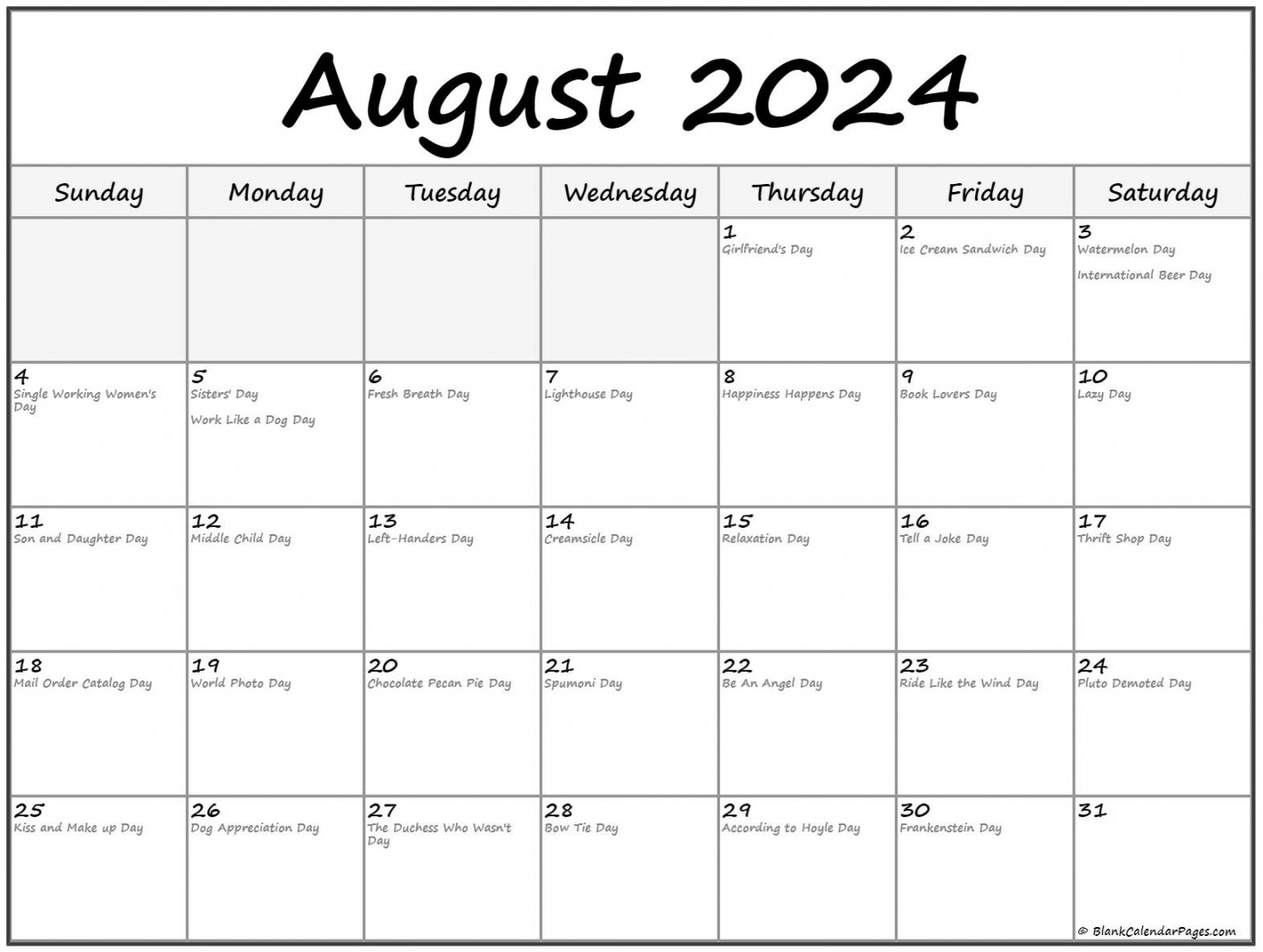 August  with holidays calendar