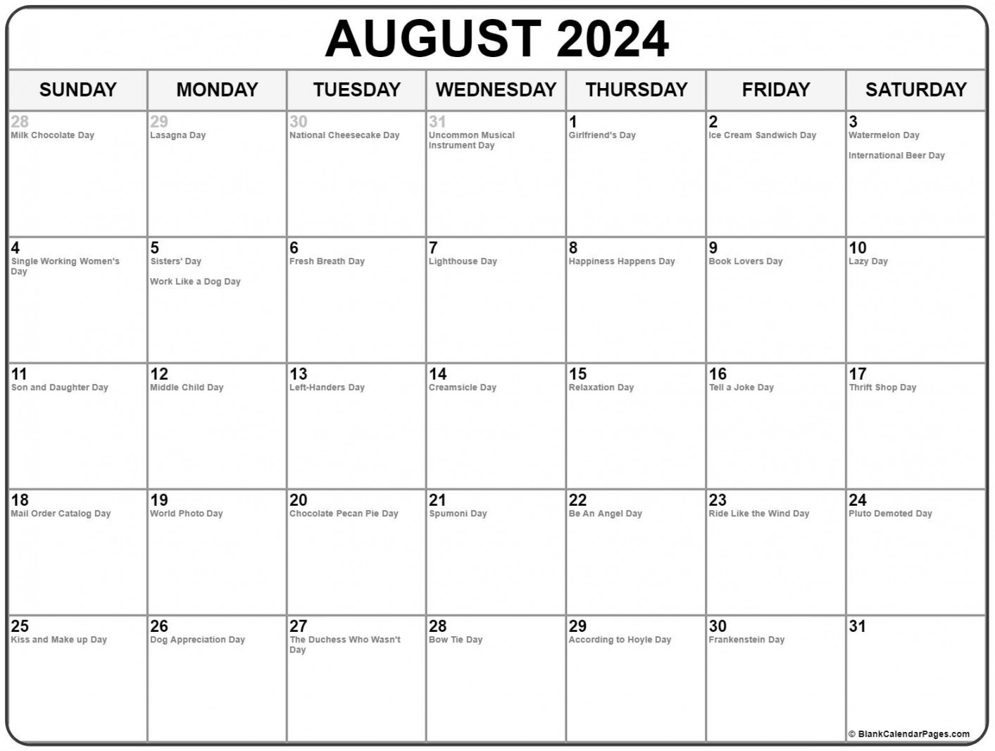 August  with holidays calendar