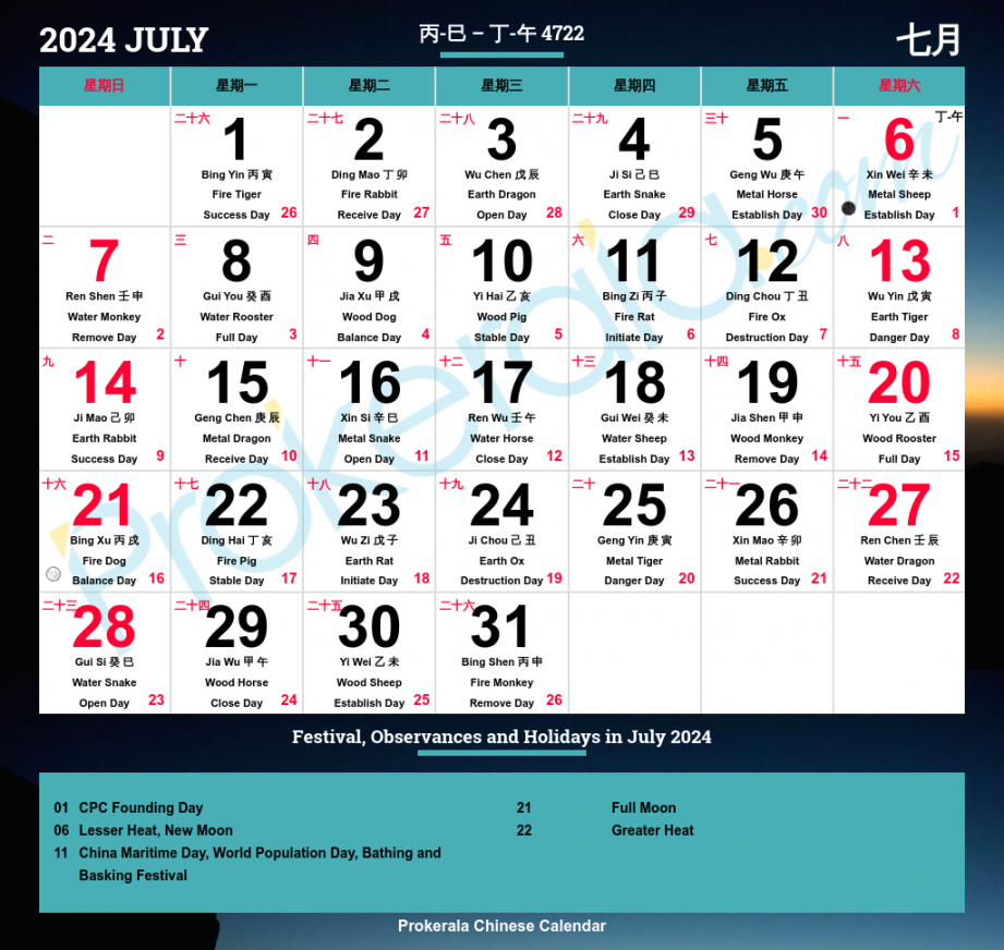 Chinese Calendar , July  十一月