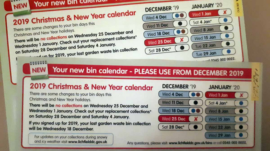 Council reprints thousands of bin collection calendars in