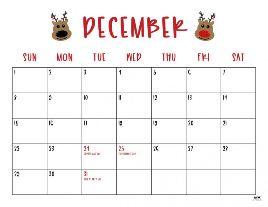 December  Calendars -  FREE Printables  Printabulls