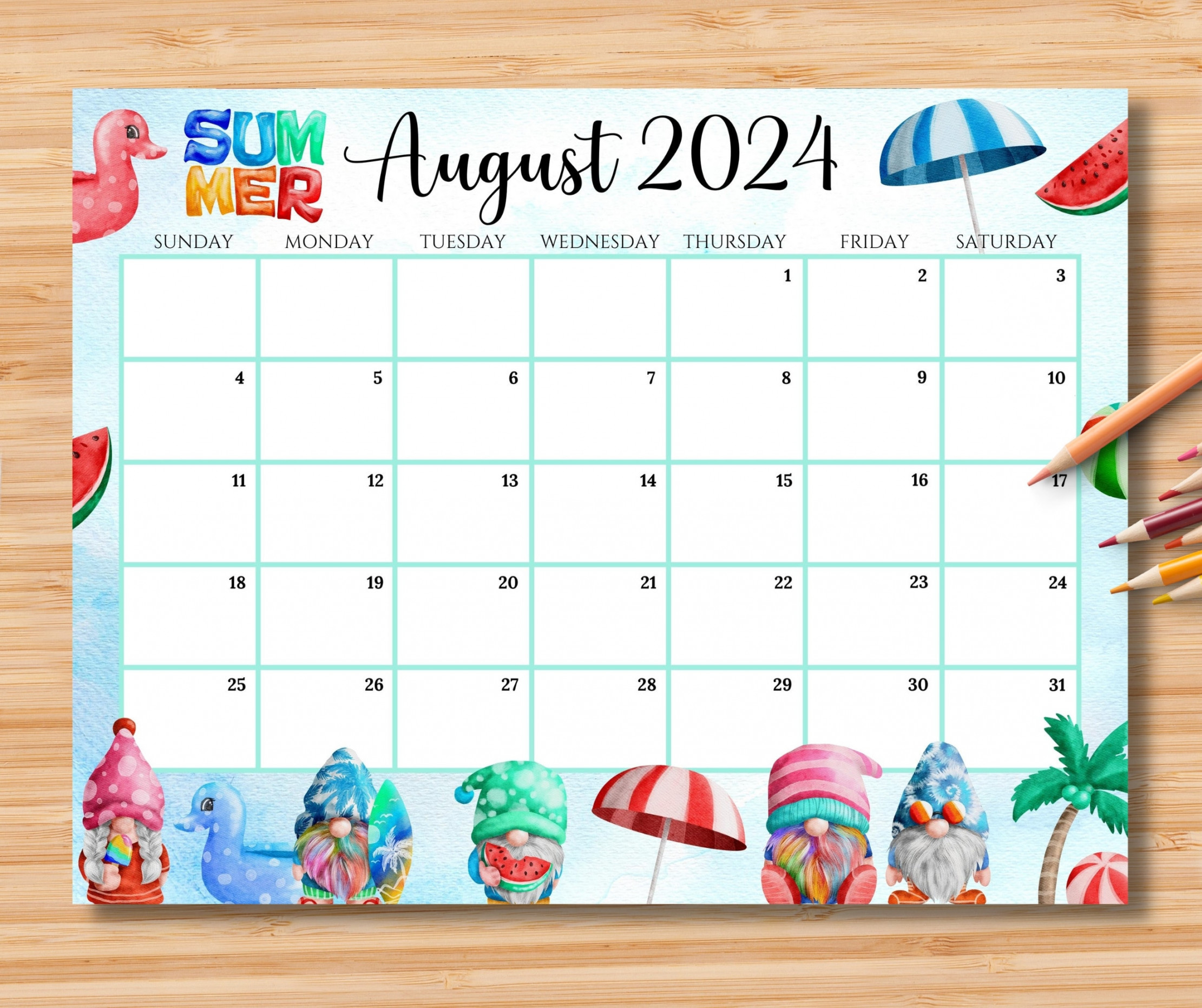 EDITABLE August  Calendar, Beautiful Colorful Summer With Cute