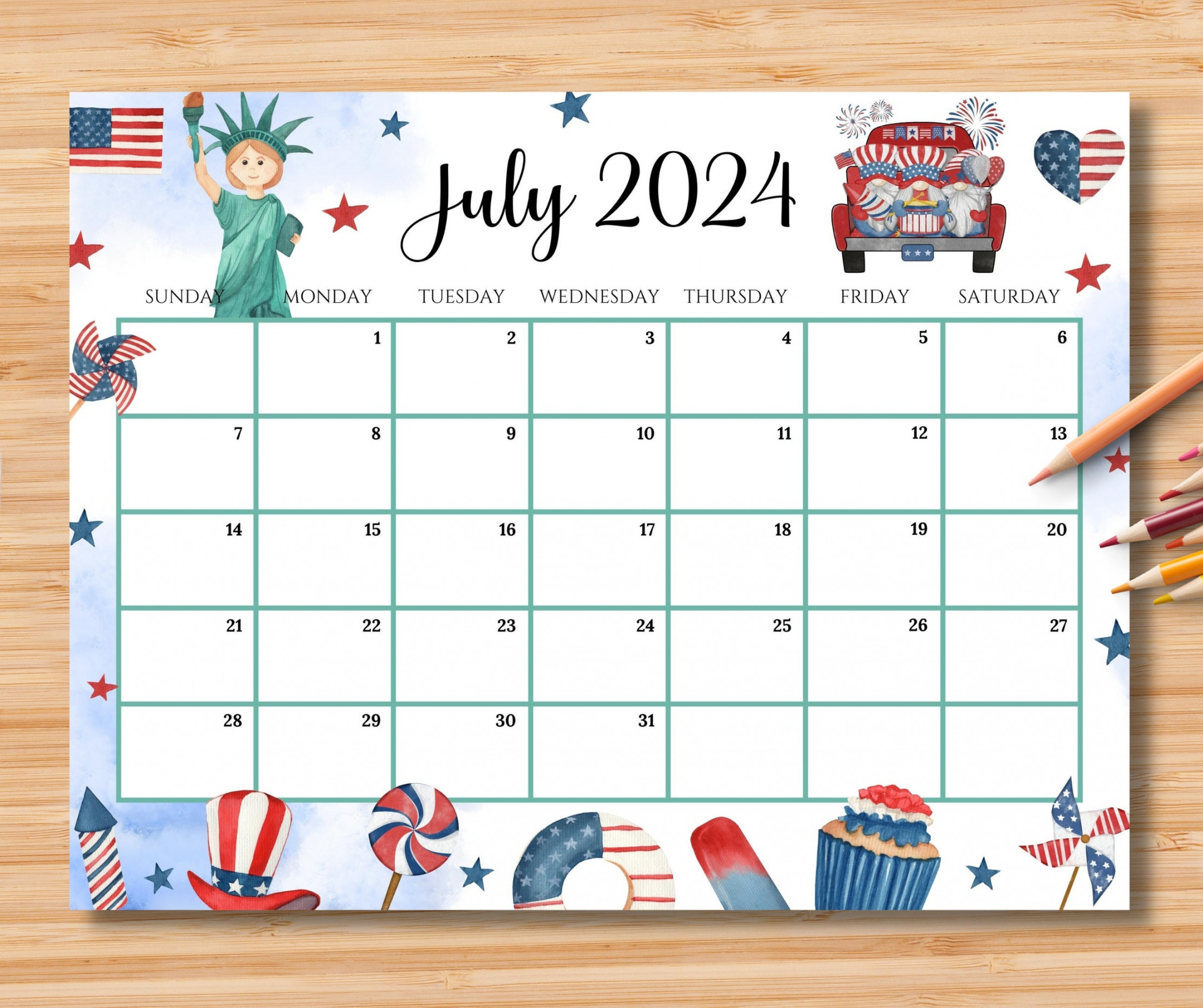 Editable July  Calendar, th July Independence Day, Printable