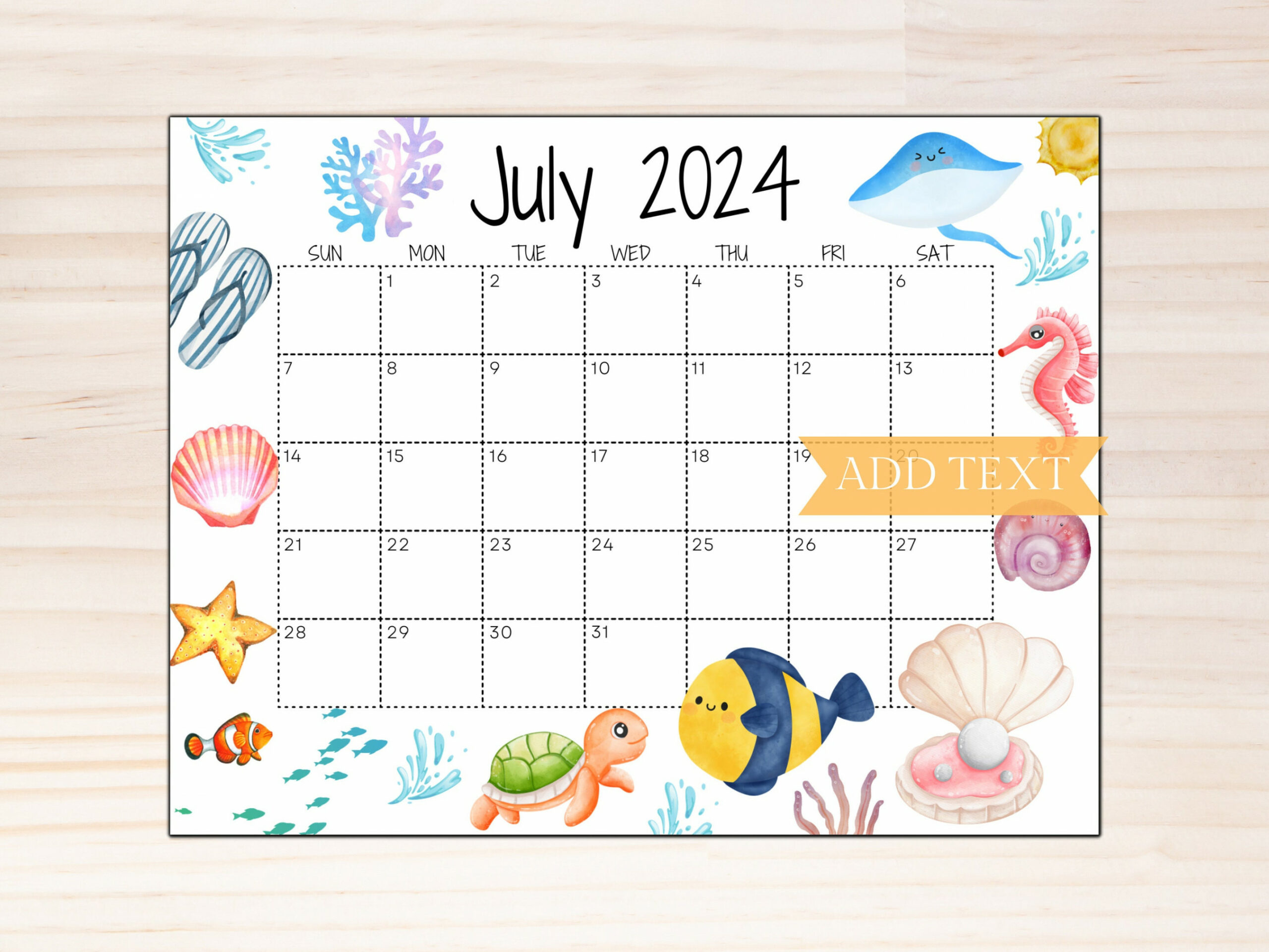 EDITABLE July  Summer Calendar, Printable Calendar W/ Cute Sea