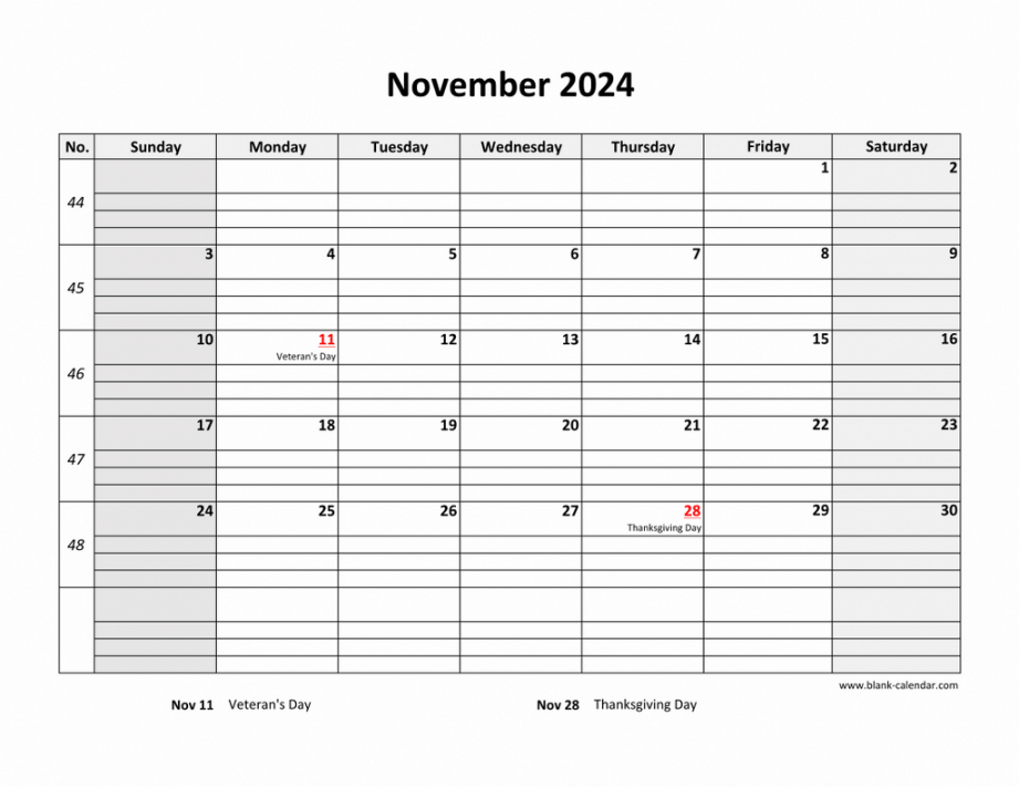 Free Download Printable November  Calendar, large box grid