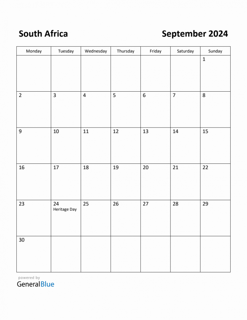 Free Printable September  Calendar for South Africa