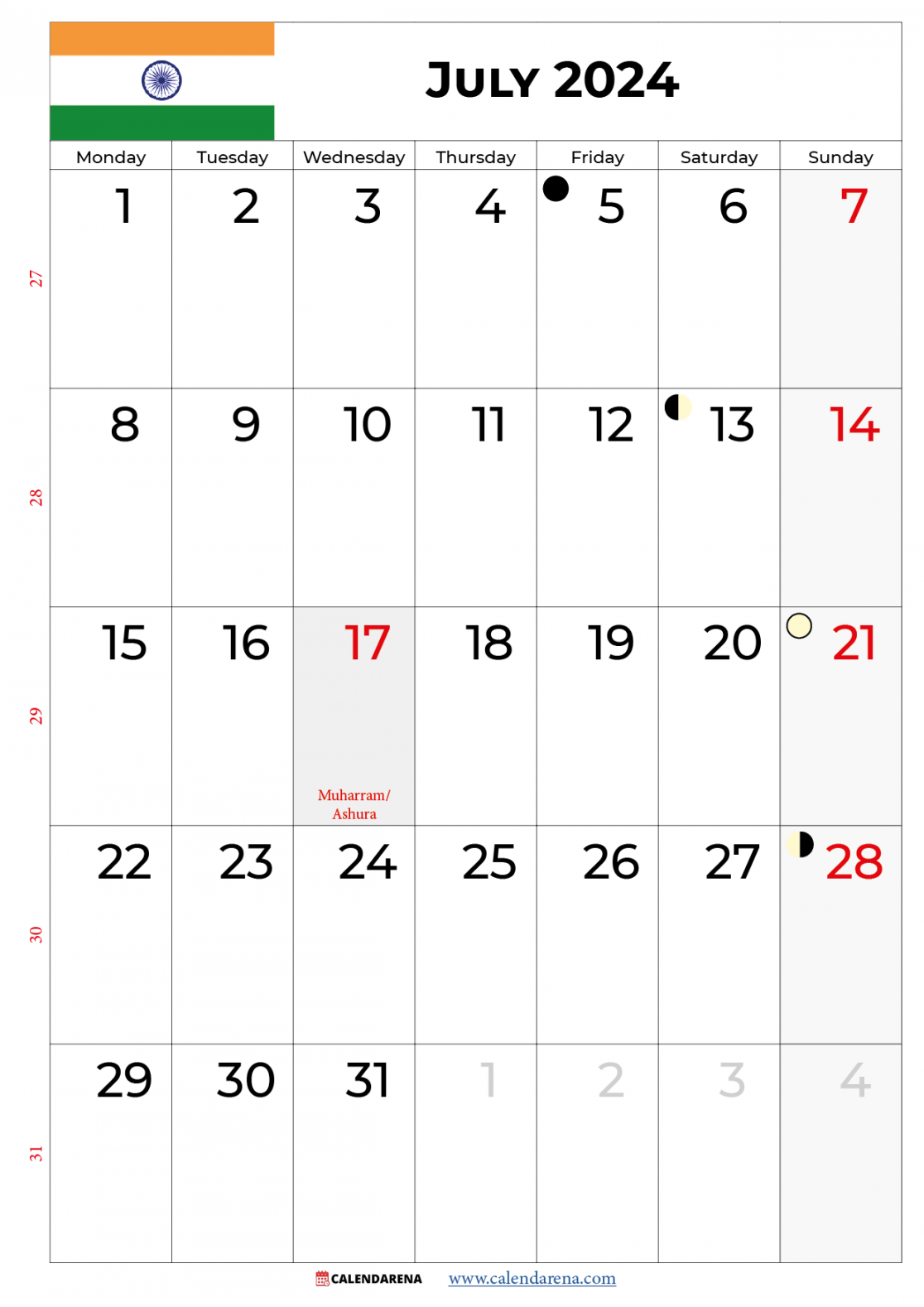 July  Calendar India