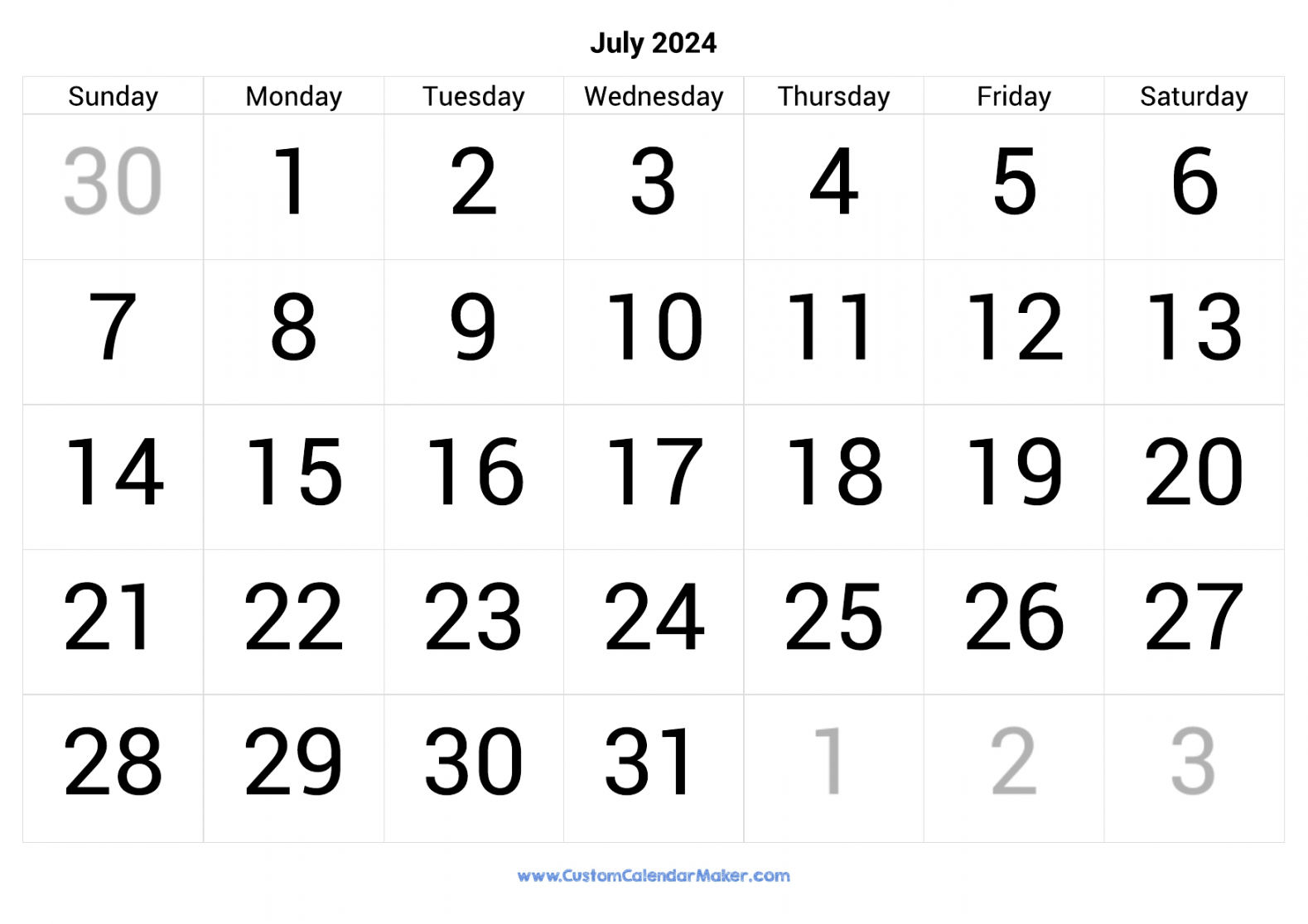 July  Calendar Printable With Large Numbers