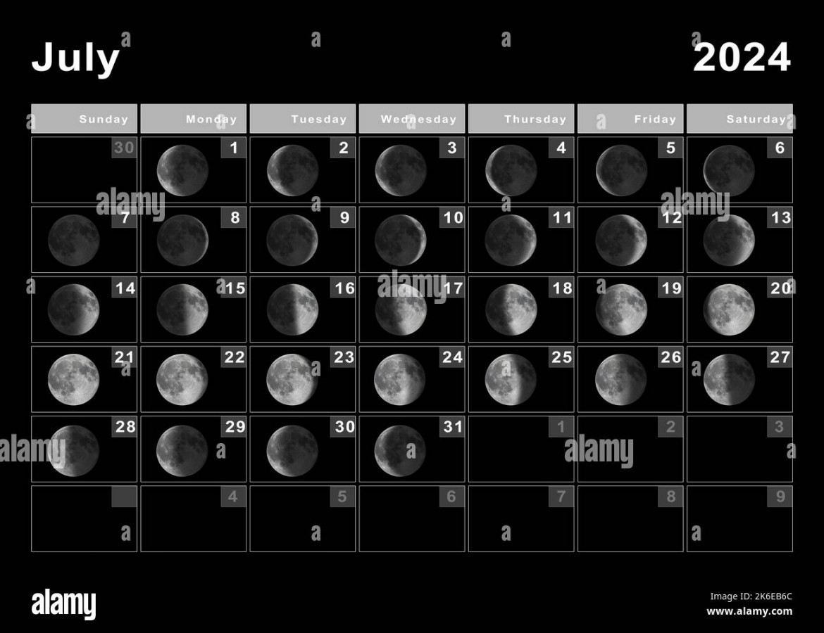 July  Lunar calendar, Moon cycles, Moon Phases Stock Photo - Alamy