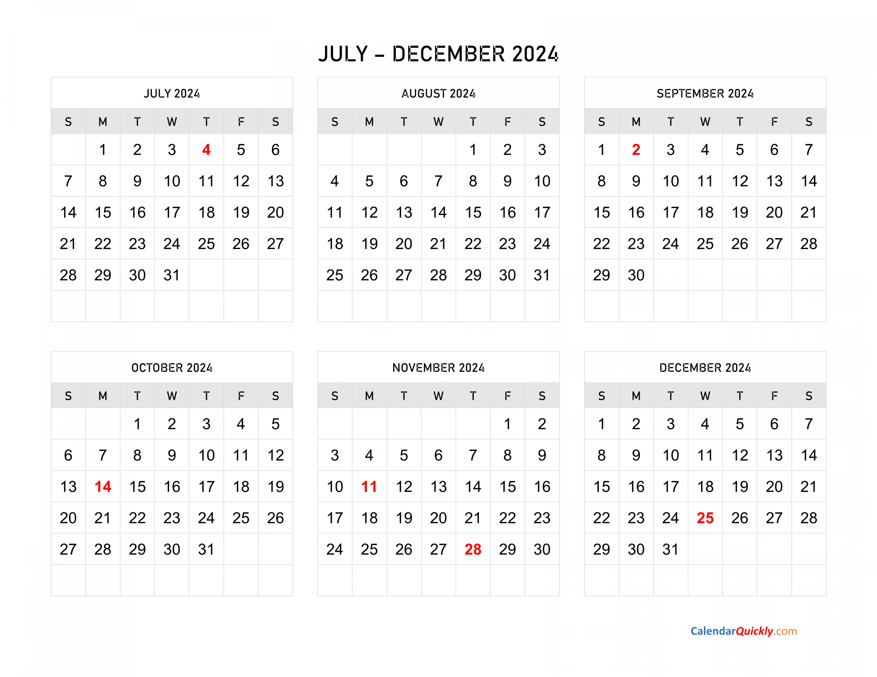 July to December  Calendar Horizontal  Calendar Quickly