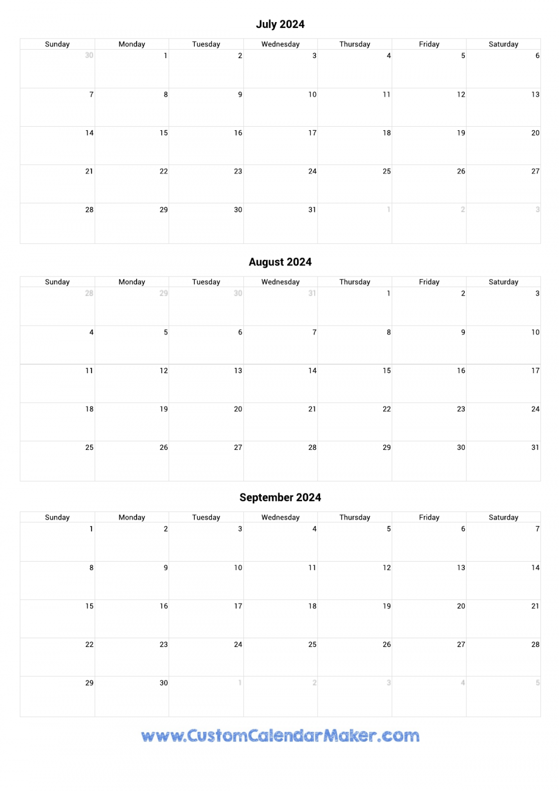 July to September  Calendar Printable