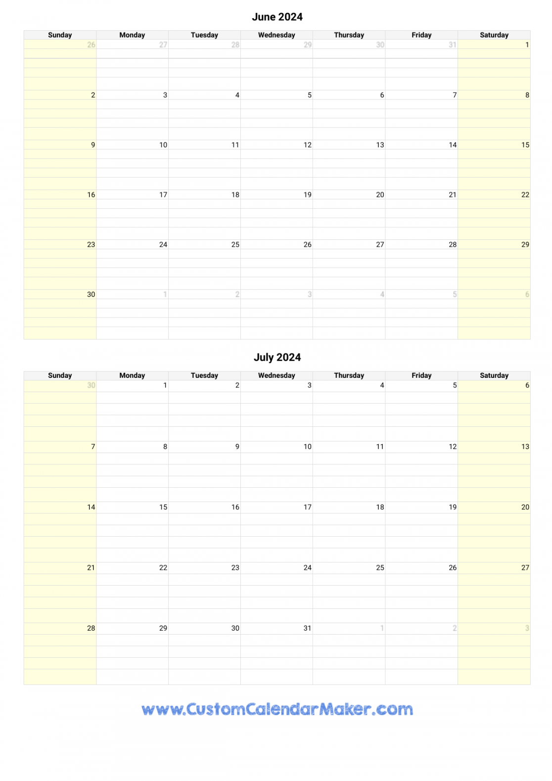 June and July  Printable Calendar Template