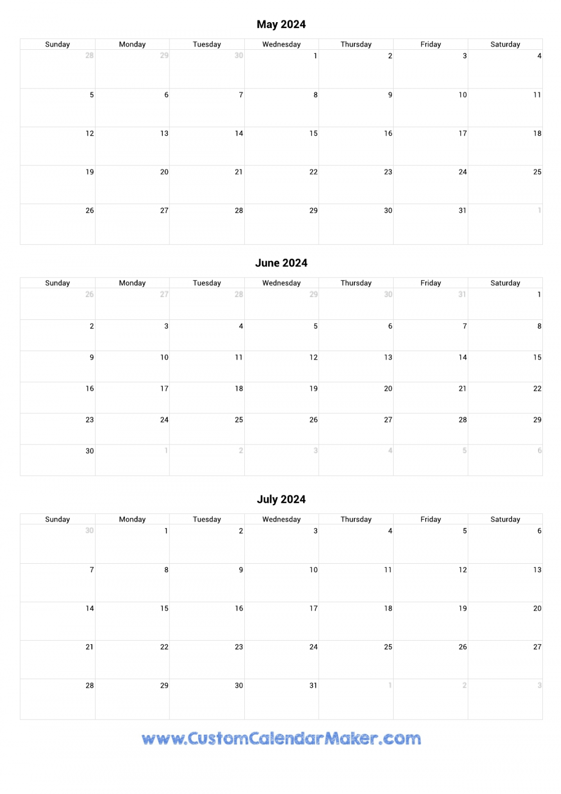 May to July  Calendar Printable