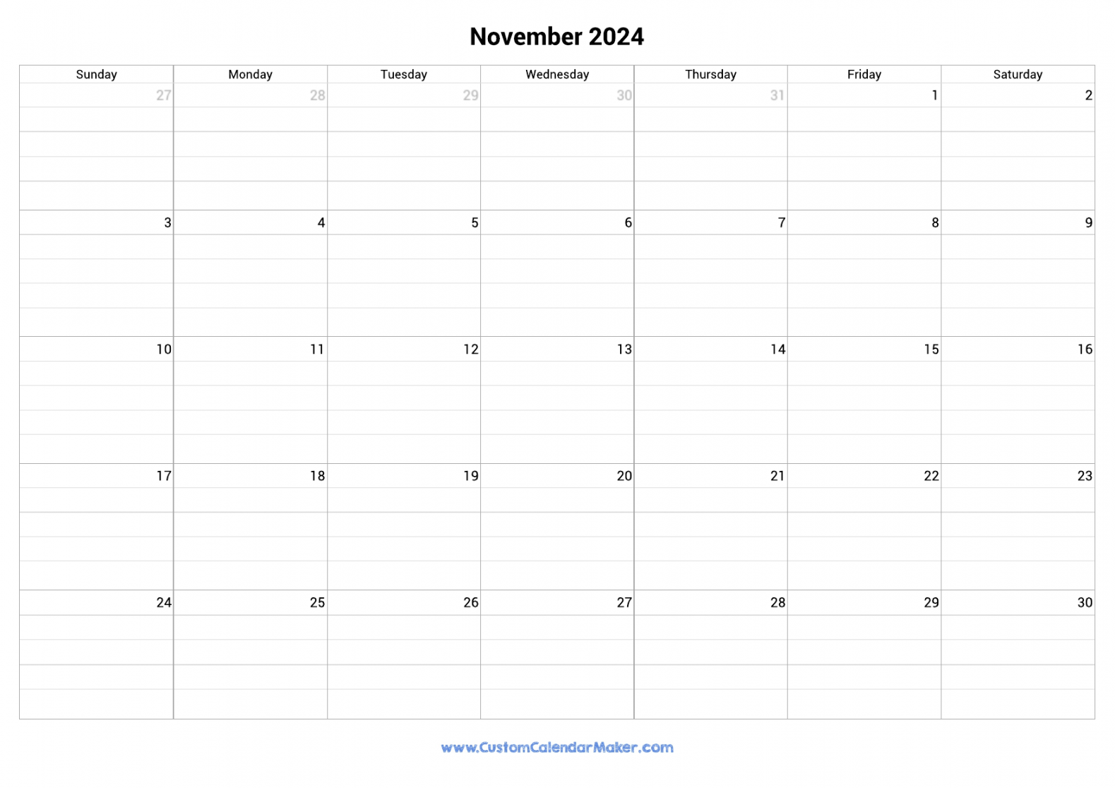 November  Fillable Calendar Grid With Lines