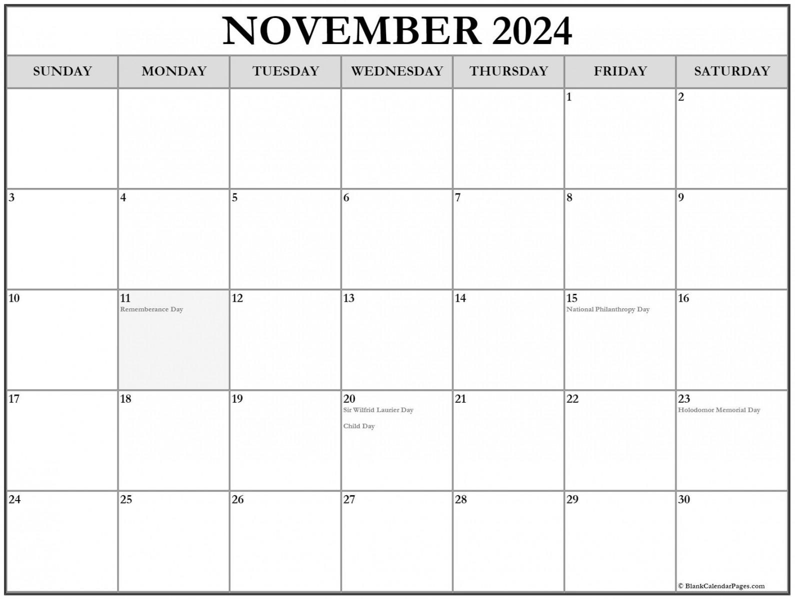 November  with holidays calendar