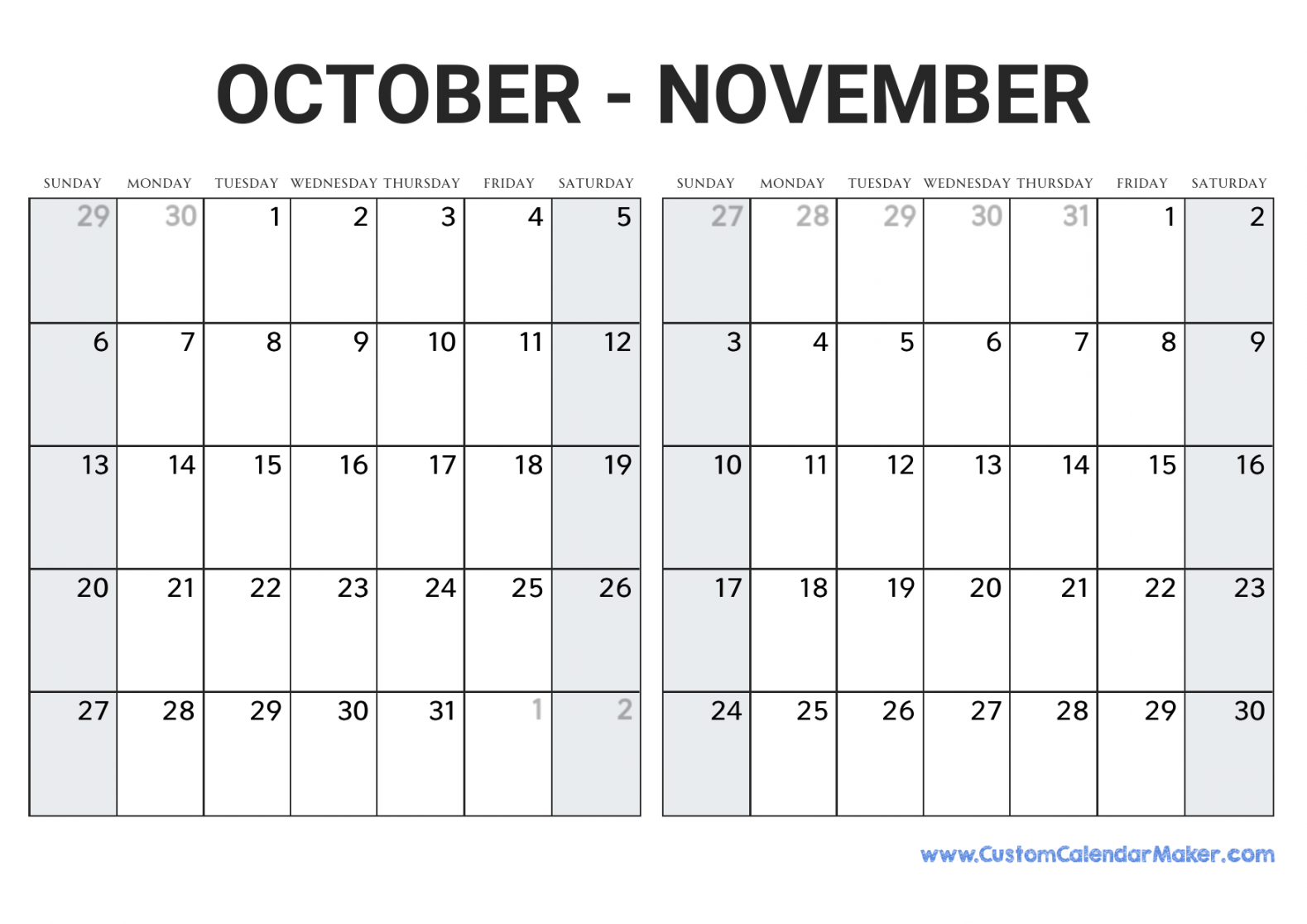 October and November  Printable Calendar Template