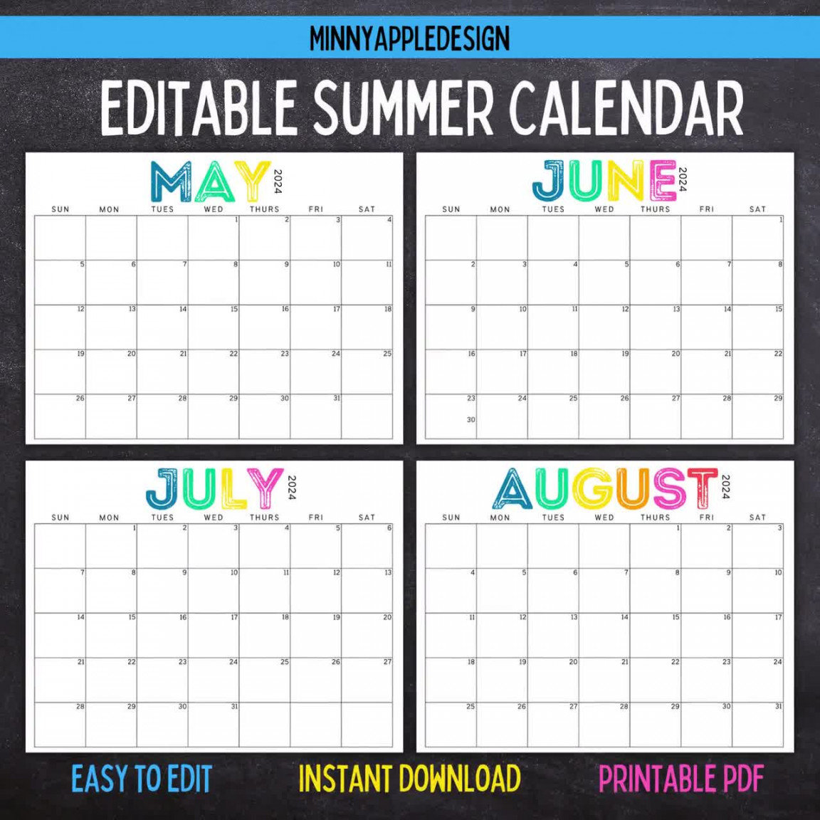 Printable Editable SUMMER Calendar June, July, August Calendar