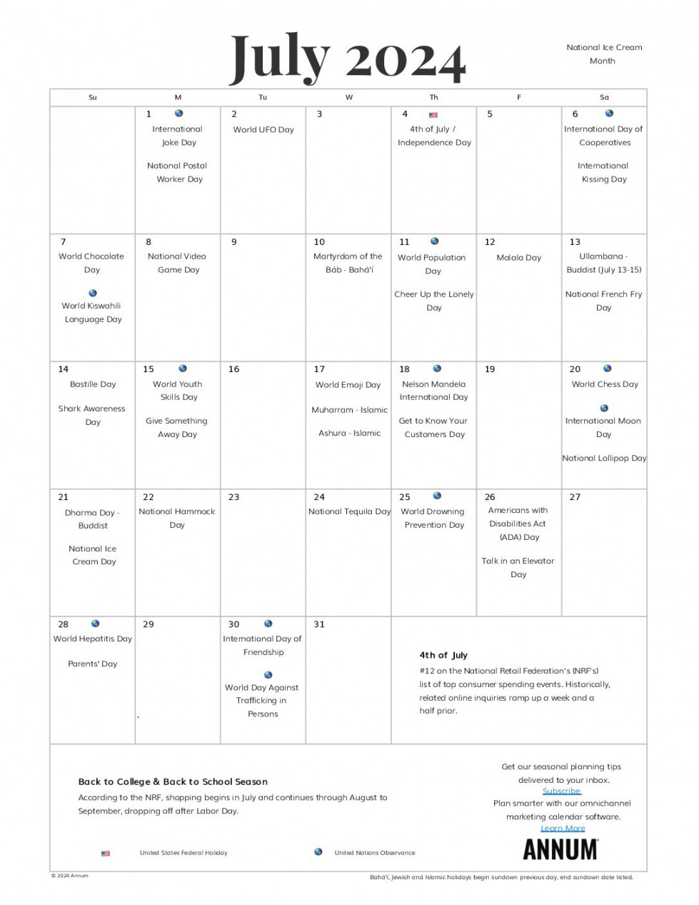 Printable July  Calendar  July Holidays  Annum