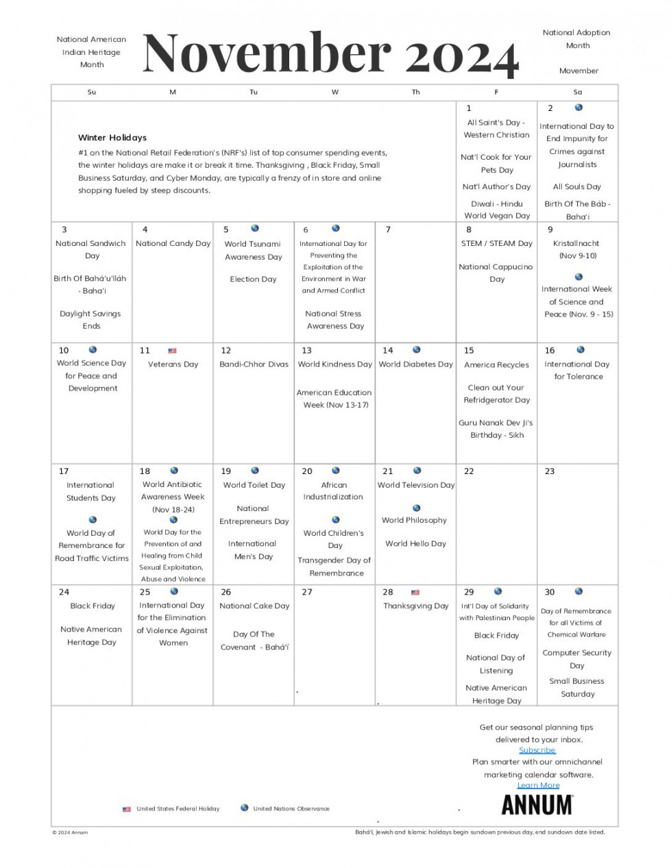 Printable November  Calendar  November Holidays  Annum