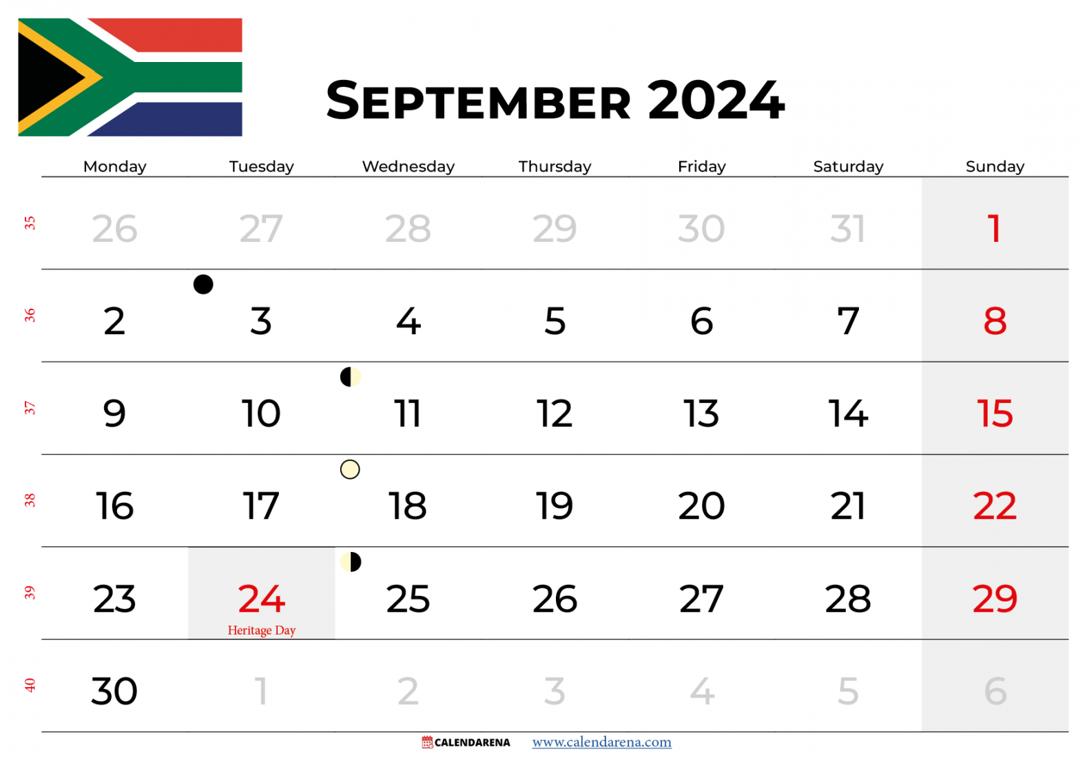 September  Calendar South Africa