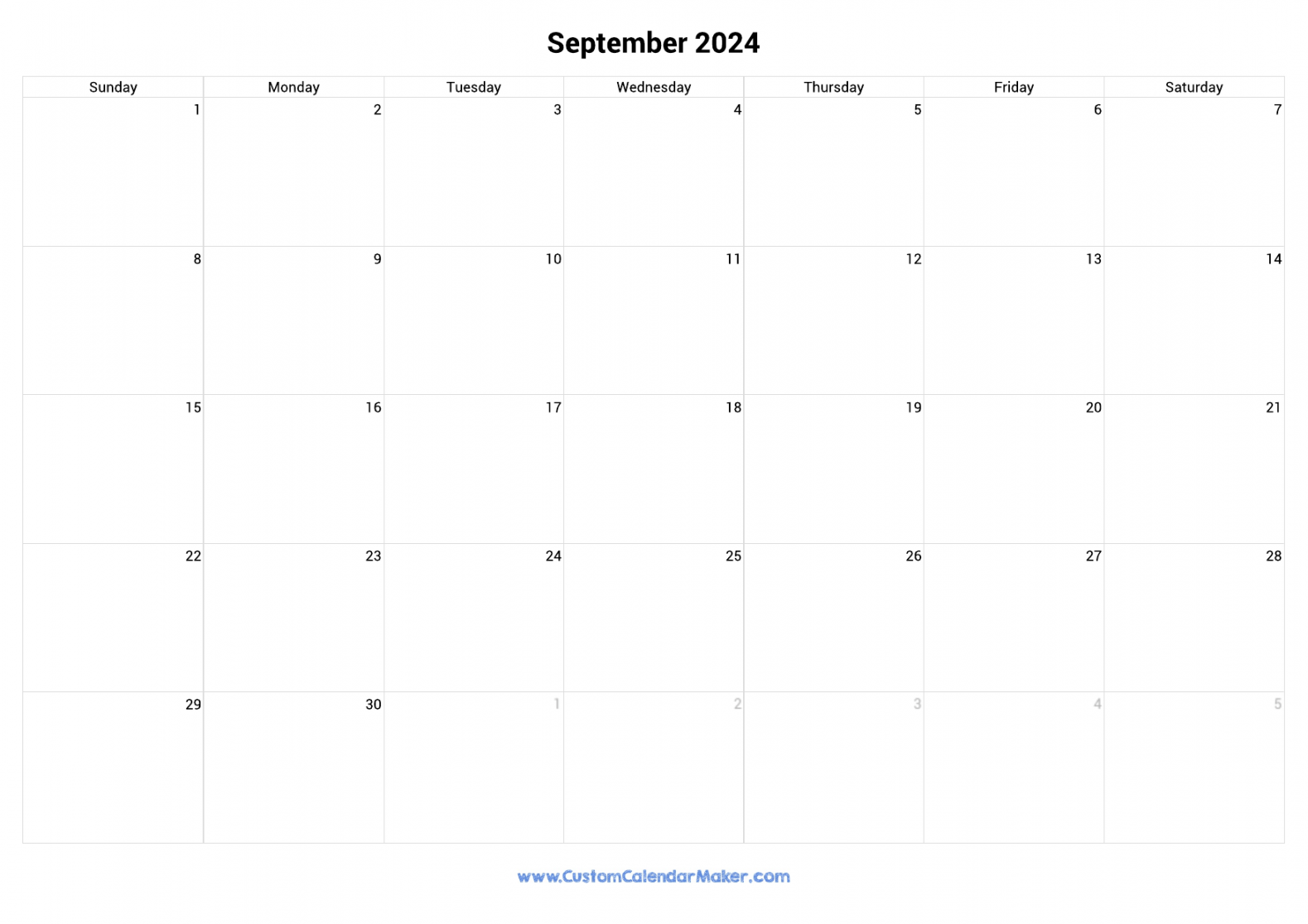 September  Landscape Calendar With Large Boxes