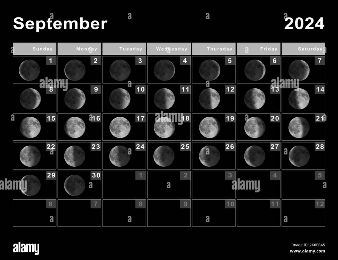 September  Lunar calendar, Moon cycles, Moon Phases Stock