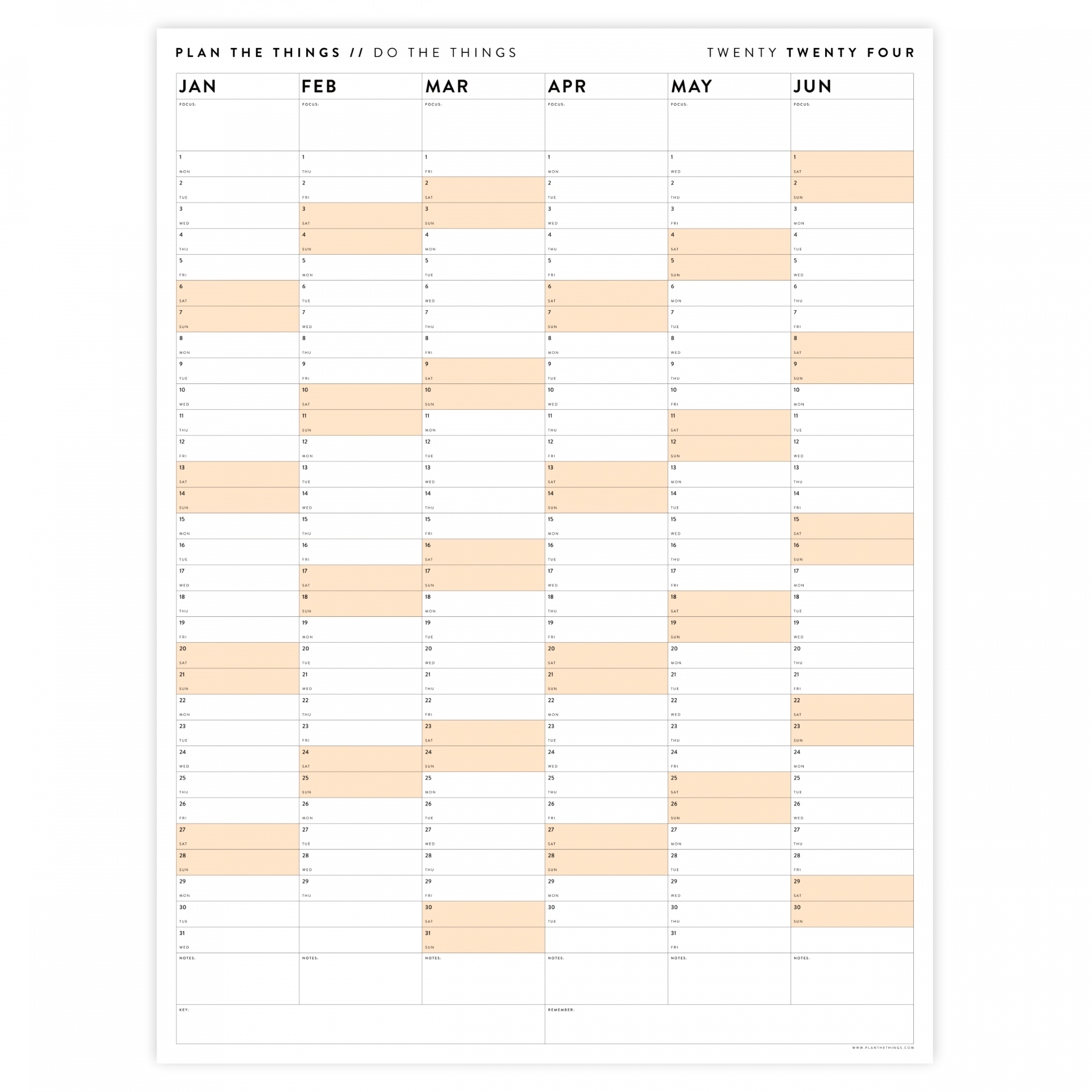 SIX MONTH  GIANT WALL CALENDAR (JANUARY TO JUNE) WITH ORANGE