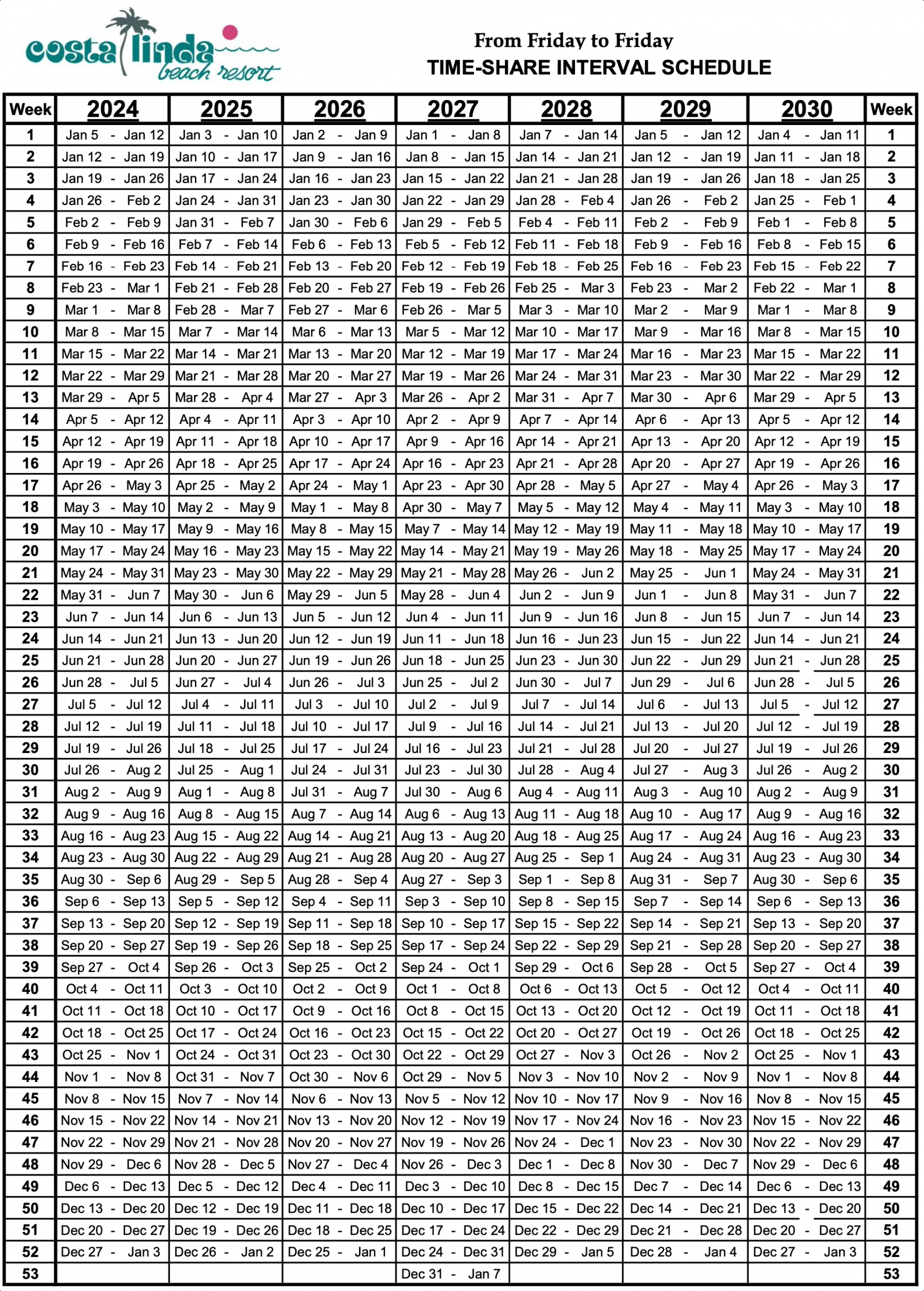 Timeshare calendar - Costa Linda Beach Resort