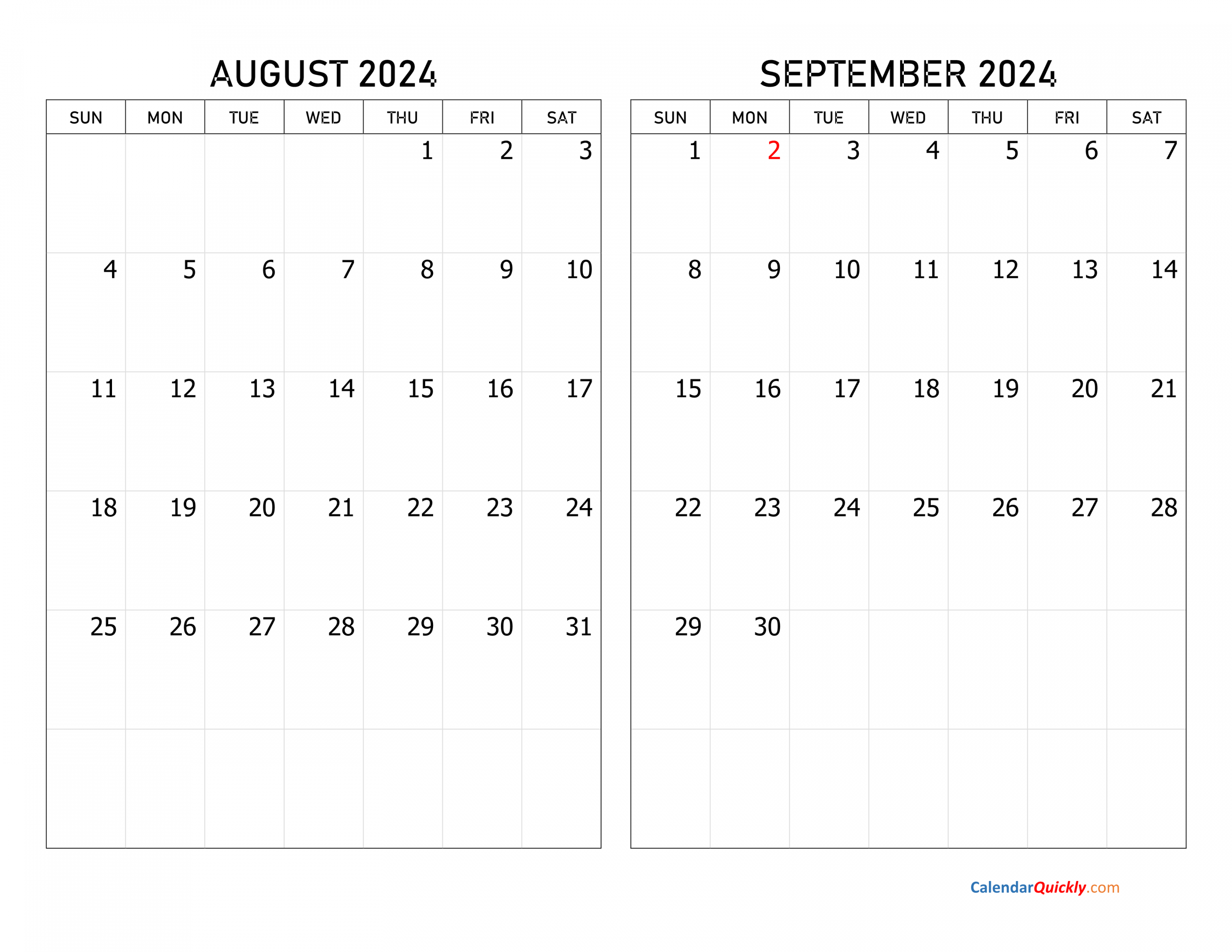 August and September  Calendar  Calendar Quickly