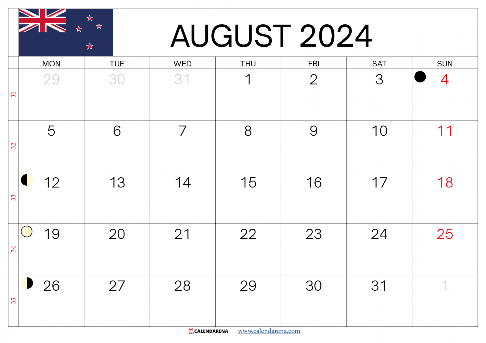 August Calendar  Nz