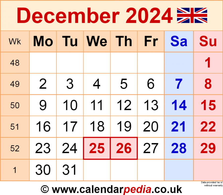 Calendar December  UK with Excel, Word and PDF templates