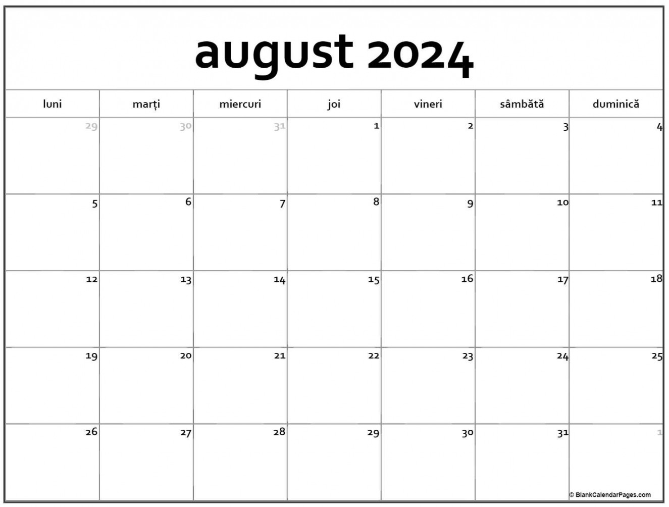 Calendarul august  imprimabil gratuit in romana