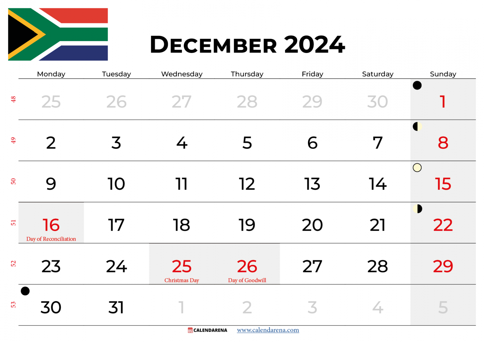 December  Calendar South Africa