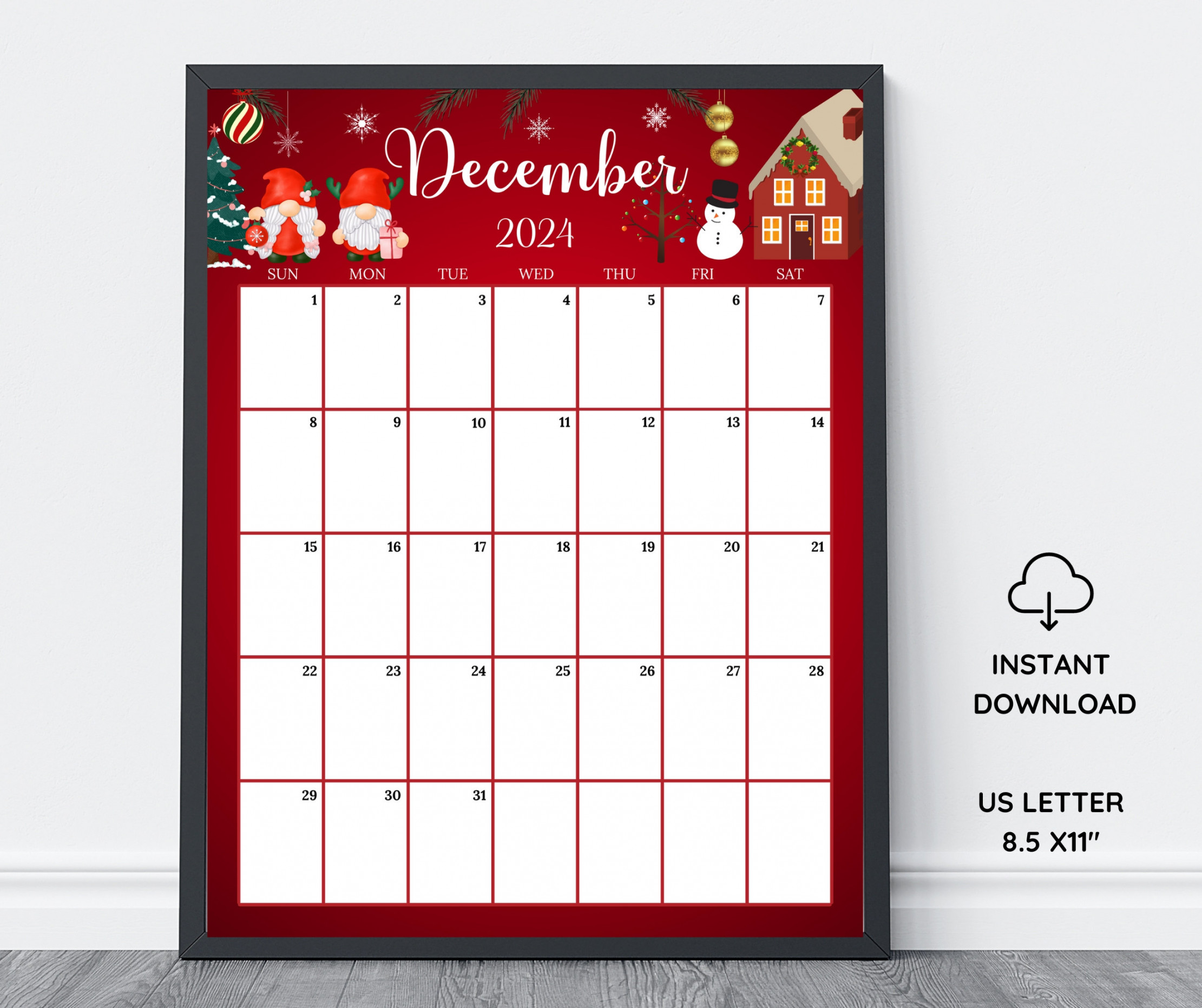 EDITABLE December  Calendar vertical/portrait, Cute Gnome