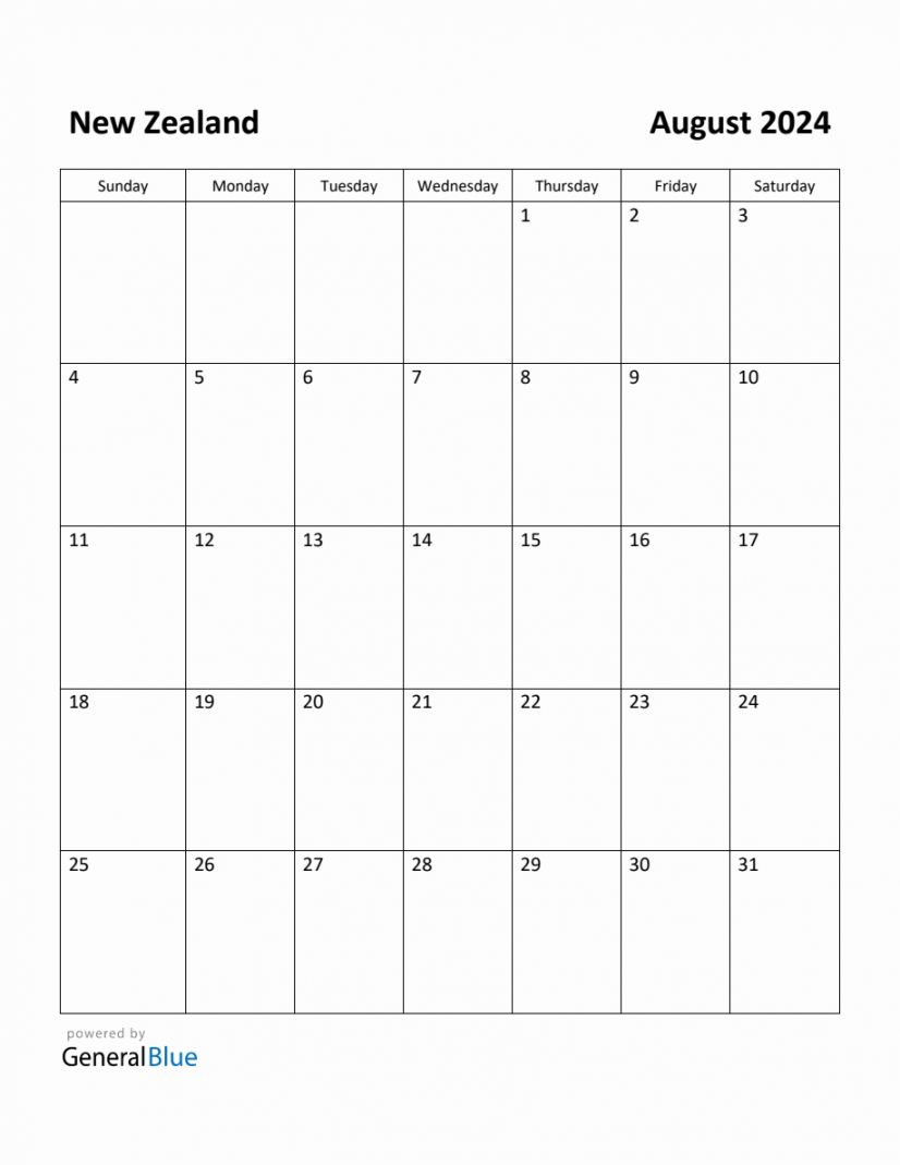 Free Printable August  Calendar for New Zealand